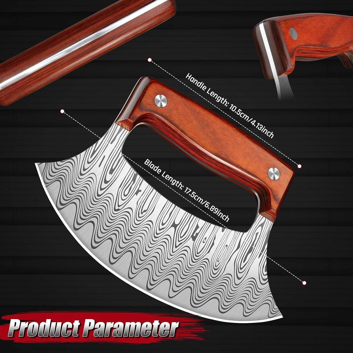 ROCOCO Pizza Cutter Ulu Knife with 3PCS Butcher Knife Set for Cutting Ribs Roasts Fruits Veggies Multipurpose Kitchen Knives for BBQ Birthday Thanksgiving Christmas Gift Ideal Men