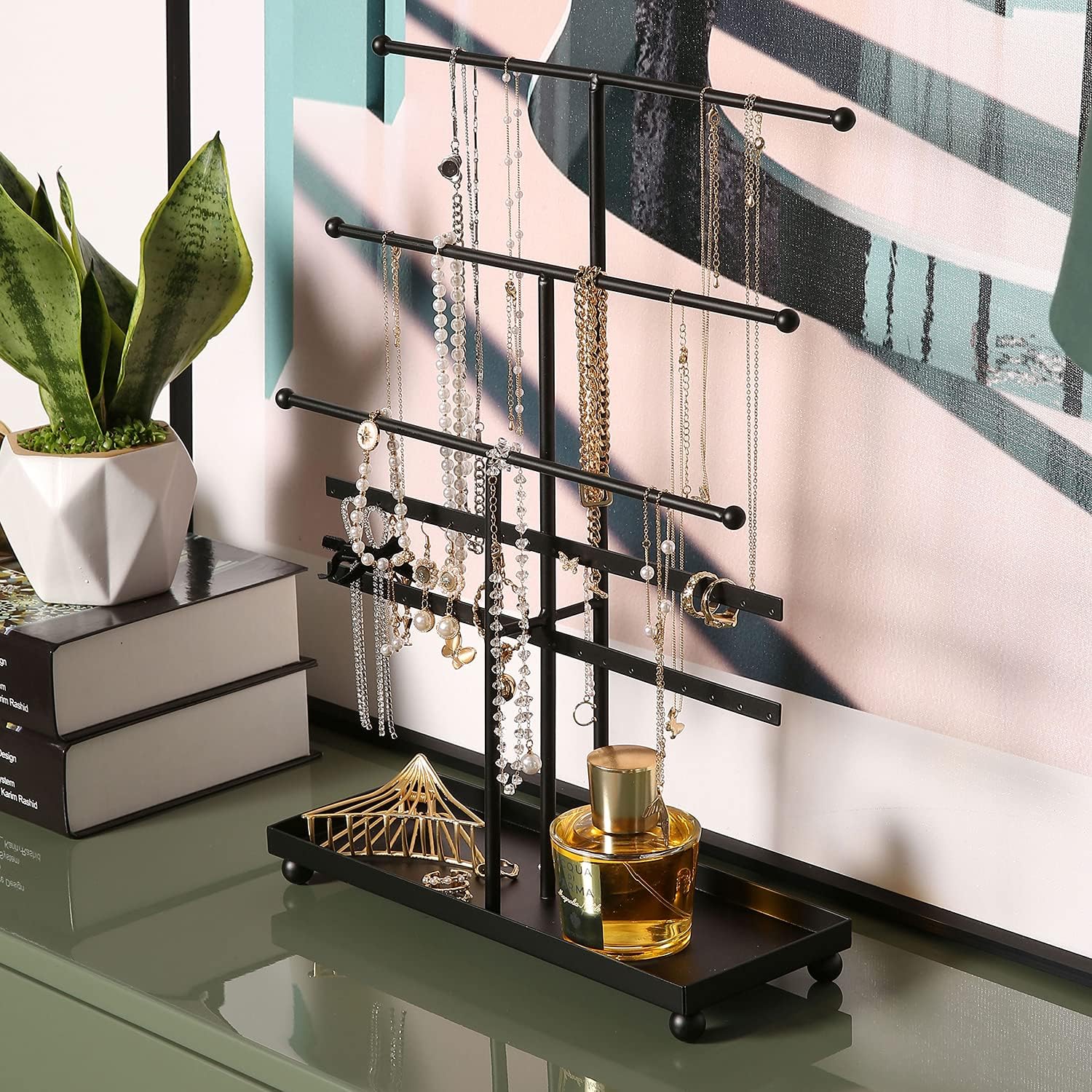 MyGift 5 T-Bar Modern Black Metal Jewelry Organizer for Bracelets, Necklaces and Earrings with Ring Tray: Home & Kitchen