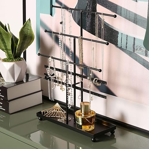 Miniatura 4 de MyGift Moderno soporte organizador de joyas de metal de 3 niveles, exhibición de almacenamiento de joyas negro mate con bandeja para anillos, 18