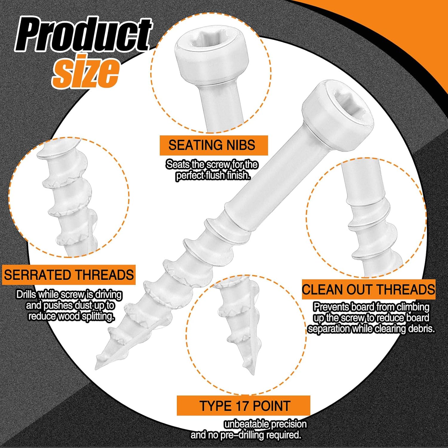 MorningRo #8 x 1-1/4" (Approx. 360 Pcs) White Trim Screws 2 lb Box, Durable Wood Screws, Serrated Thread for Secure Fastening, Avoid Cam Out, with a Drill Bit