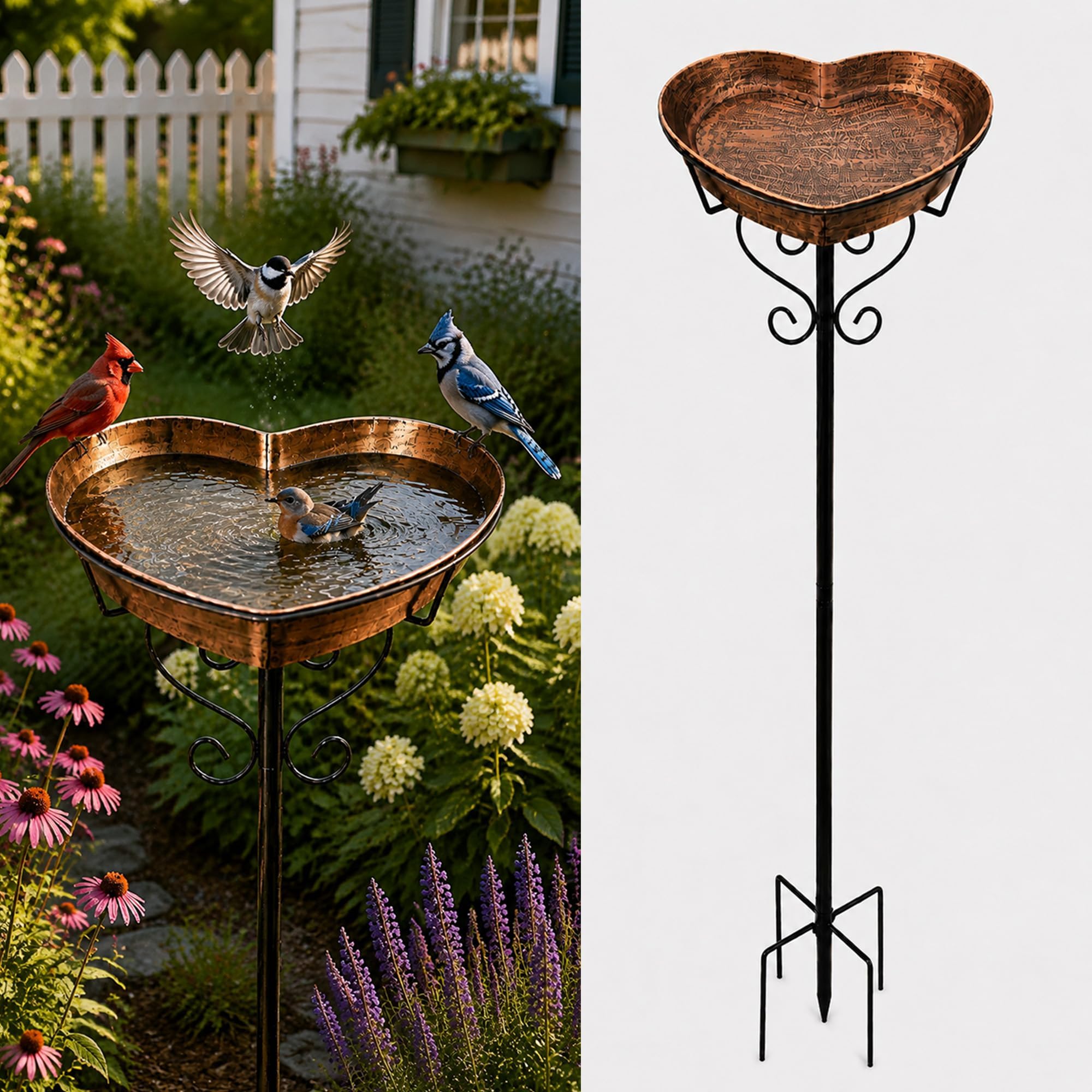 Bain d'oiseaux en métal en forme de cœur pour jardin, décoration vintage