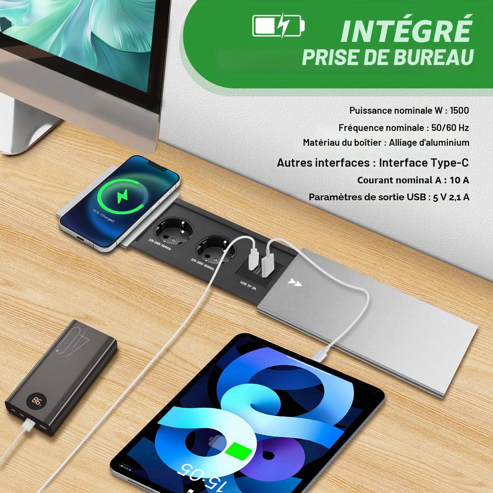Multiprise encastrable escamotable 2 Prises Multiprise intégrée USB C PD