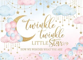 Homewelle Twinkle Twinkle Little Star Gender Reveal Backdrop 8Wx6H Feet Polyester Fabric Pink Blue Boy or Girl Baby Shower Decoration Watercolor Moon Clouds Photography Background Photo Shoot Props