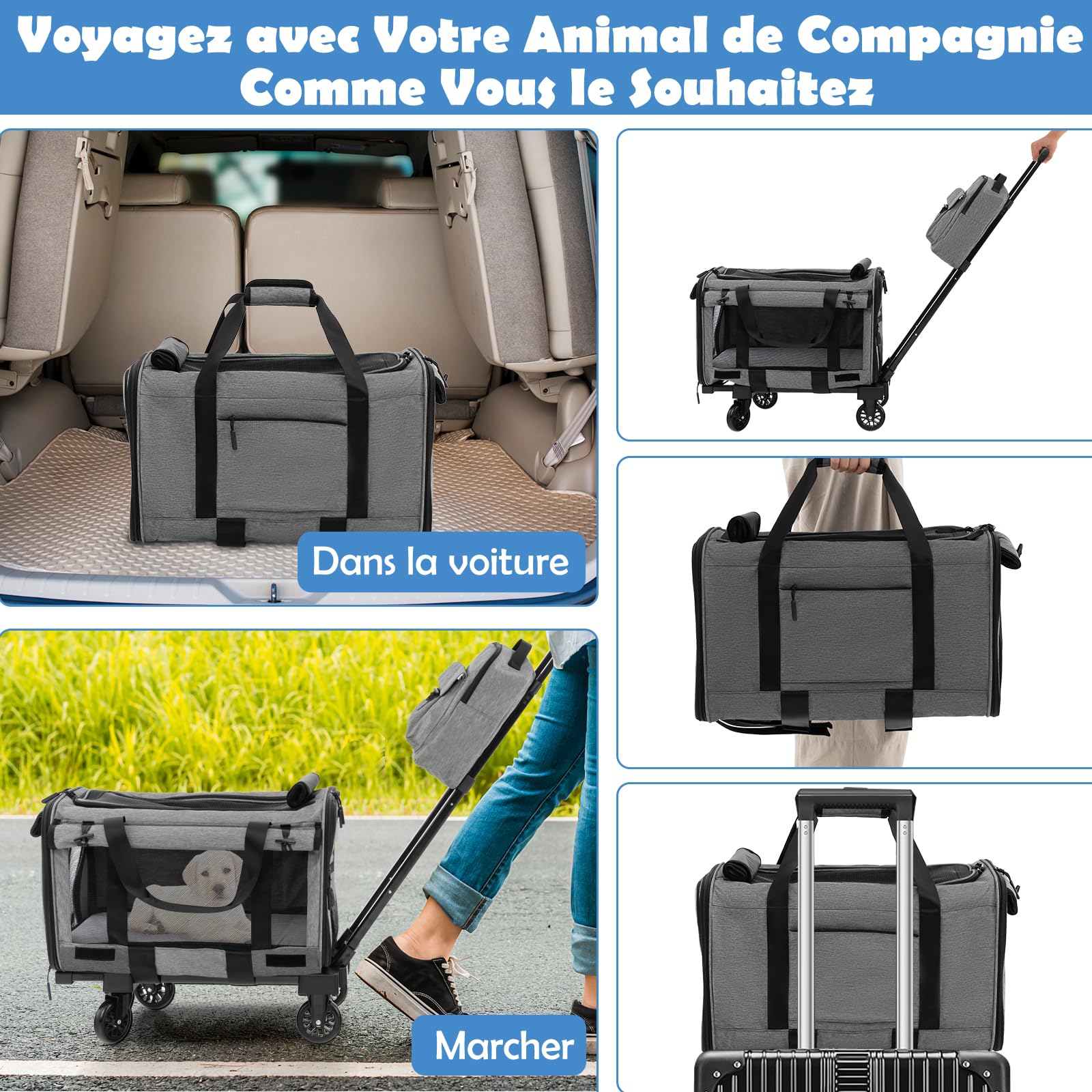 COSTWAY Sac à Dos avec Roues pour Chat Chien, Sac de Transport à roulettes pour Animaux de Compagnie, Caisse de Voyage Pliable avec Coussins et Poignée Télescopique, Charge 100KG, Gris