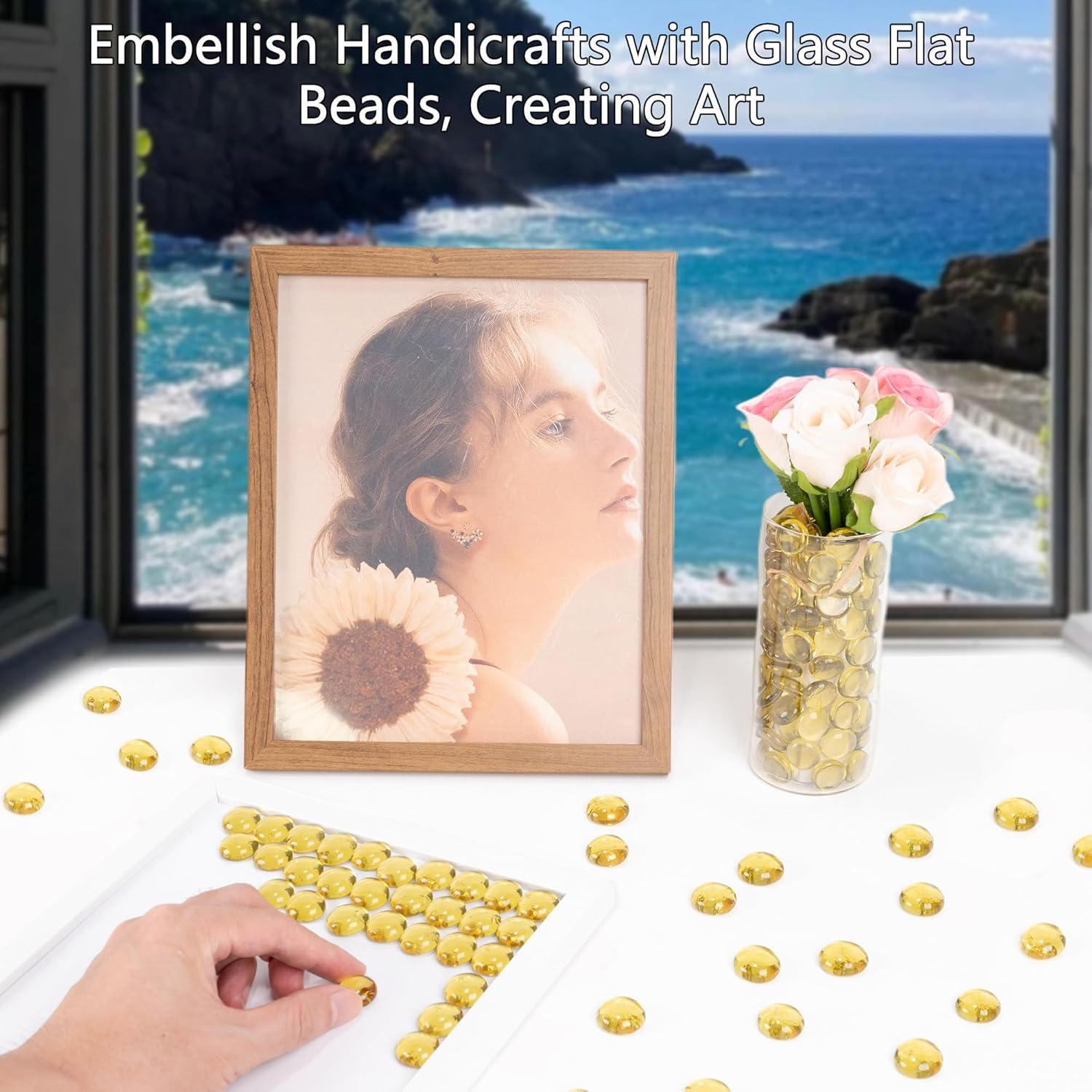 Glass Marbles, 0.97 LB Transparent and Smooth Flat Glass Beads for Vases, Mosaic Gem Pebbles for Aquarium Decor, Floral Arrangements, Mancala Stones, Vase Filler and Crafts, Yellow