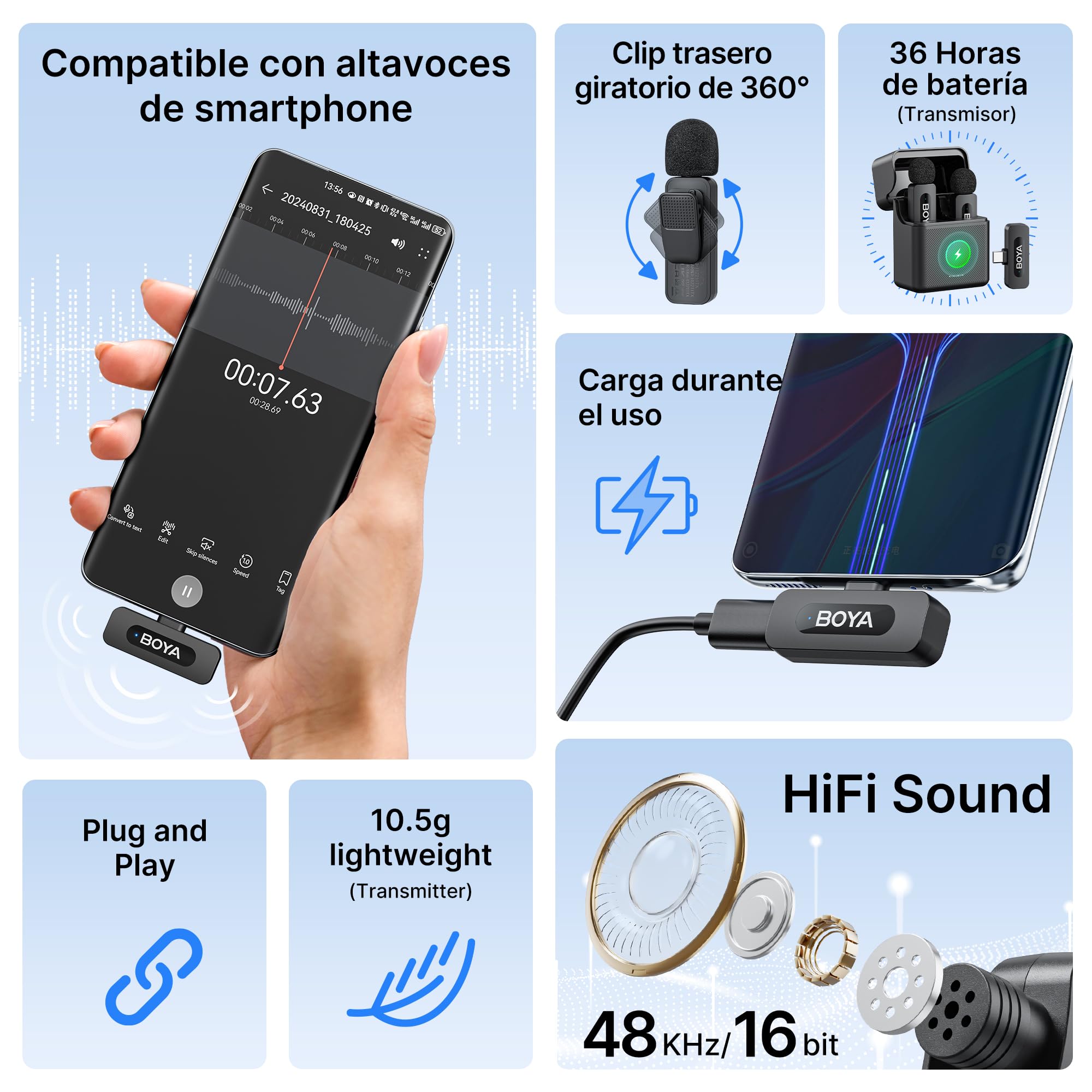 BOYA BY-V30 - Micrófono Lavalier inalámbrico para iPhone/Android/PC/portátil con Puerto USB-C, batería de 36 Horas de duración con Funda de Carga, Clip de cancelación de Ruido, micrófono de Solapa