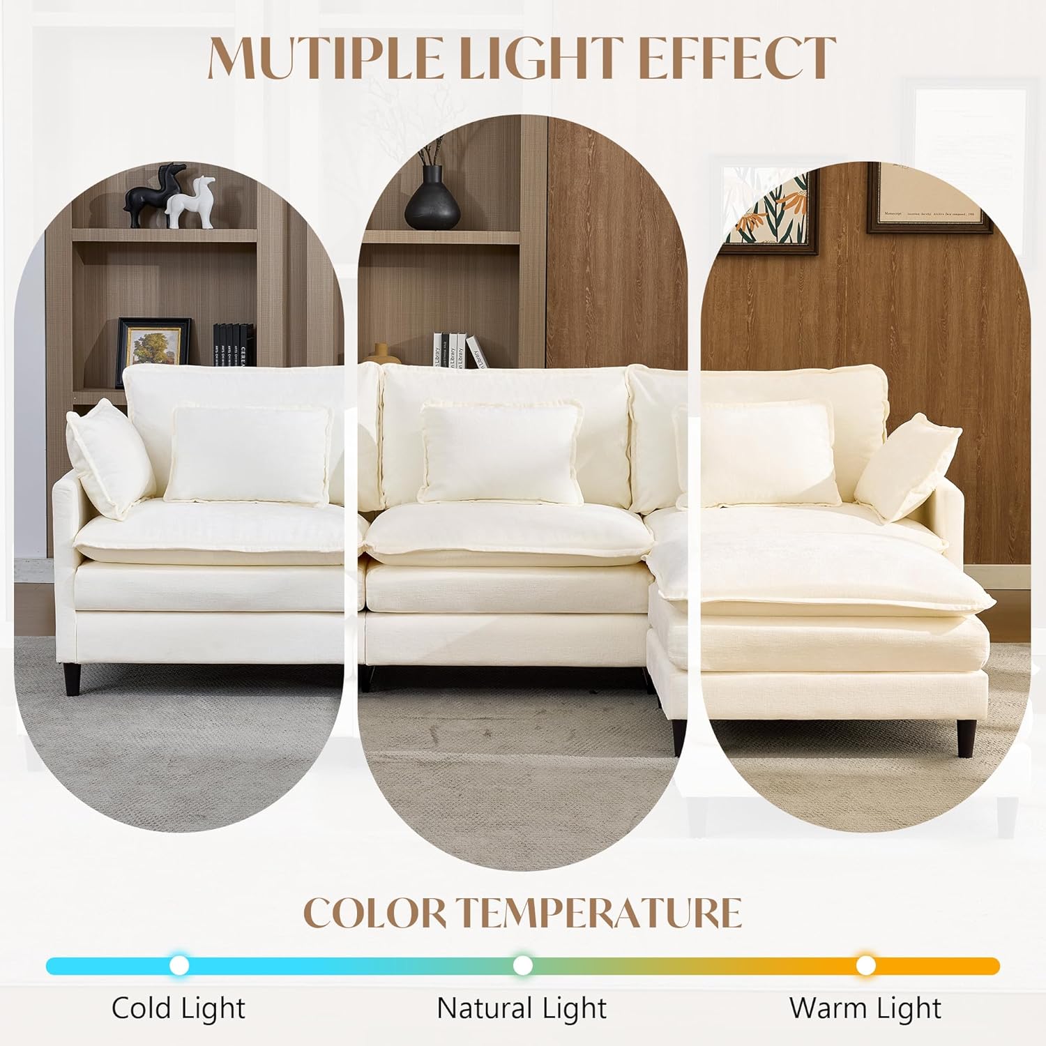 SAMERY 113" Modular Sectional Sofa Comfy Cloud Couch with Movable Ottoman Pillows, Deep Seat Chenille Modular Sofa L Shaped Cloud Sectional Couches for Living Room, Bedroom, Apartment, Beige