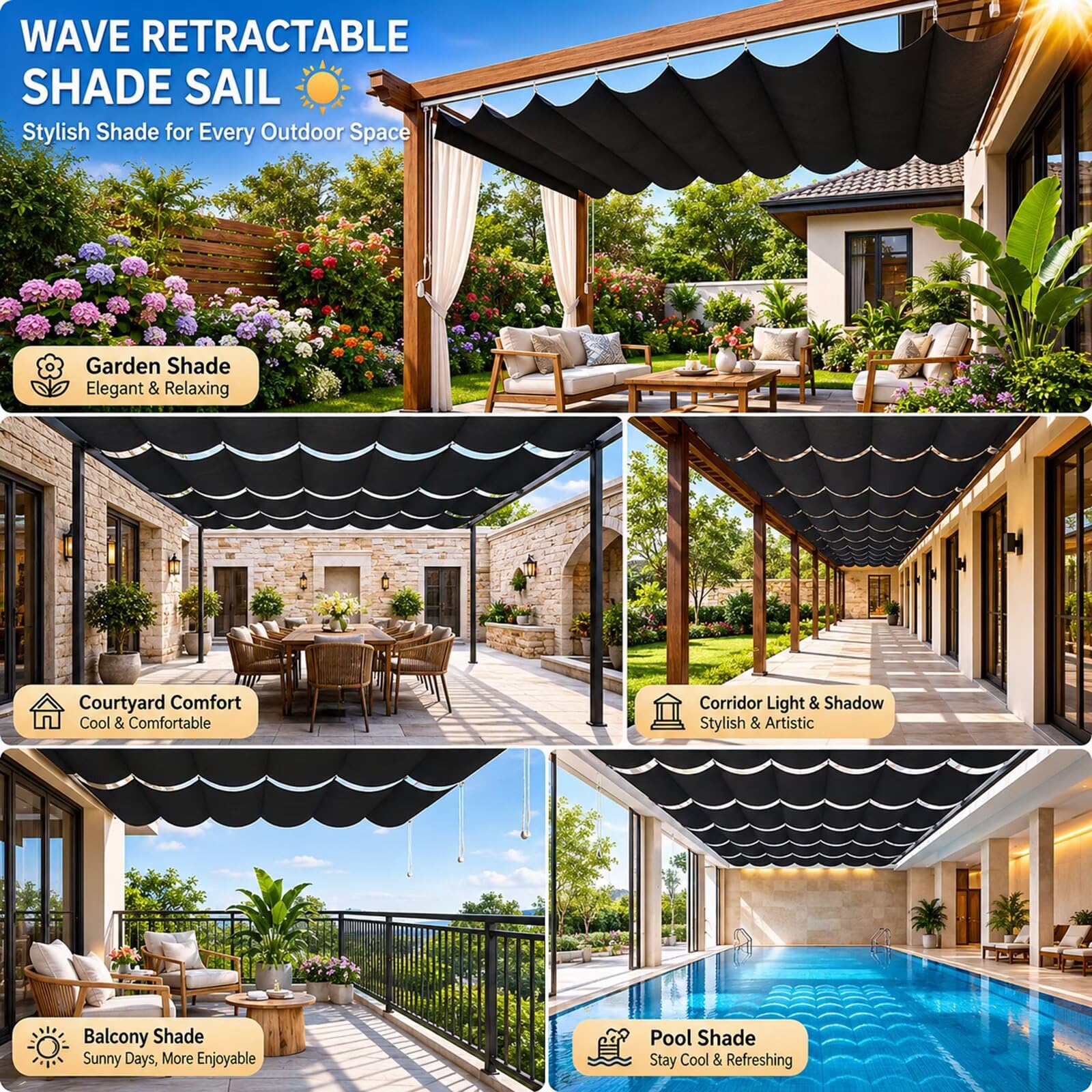 Wellen Sonnensegel Ausziehbar 2.5x3m Seilspannmarkise 230g² Wasserdicht | 230g/m² Oxford-Gewebe blockiert UV-Strahlen,wasserdicht,hitzeisoliert,langlebig,flexibel ausziehbar & leicht zu montieren.