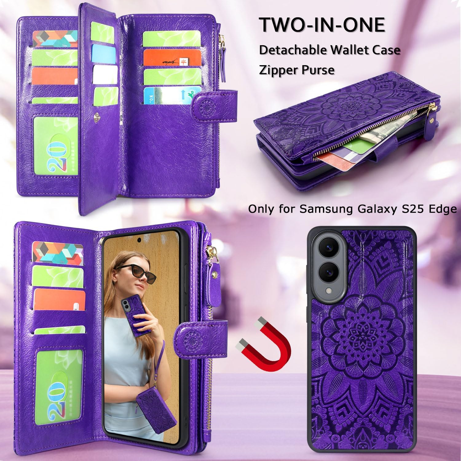 Harryshell Detachable Wallet Leather Case Compatible with Samsung Galaxy S25 Edge Magnetic Phone Case Zipper with Cash Coin Pocket Multi Card Slots Holder Wrist Strap (Flower Purple)