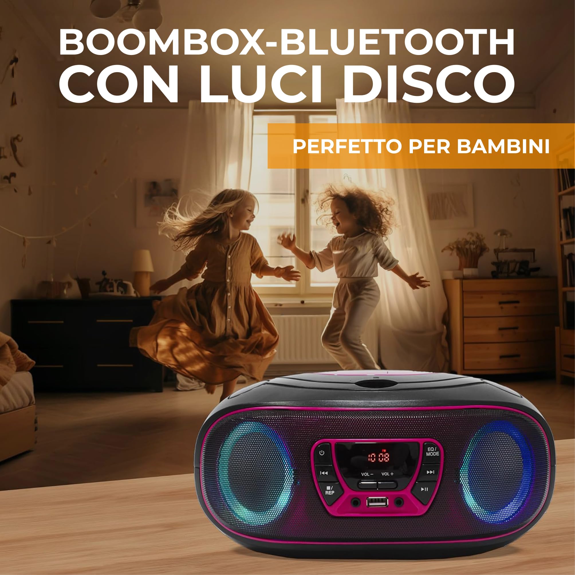 Lettore CD Portatile con Bluetooth Denver TCL-212BT Rosa. Boombox. FM Radio. Volume 2x2W. Ingresso USB, AUX e per Cuffie. Effetto luci.