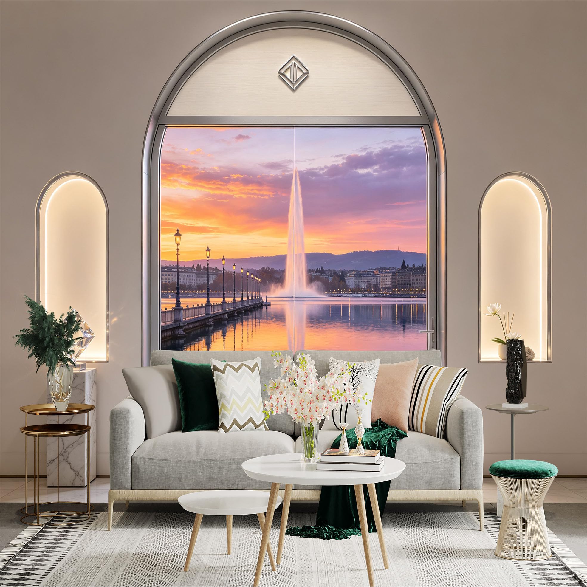 Custom Size Wall Sticker Mural， Sunset Lake Fountain Pier Reflection Scenic View， for wall Decoration， peelandstick wall Decals.