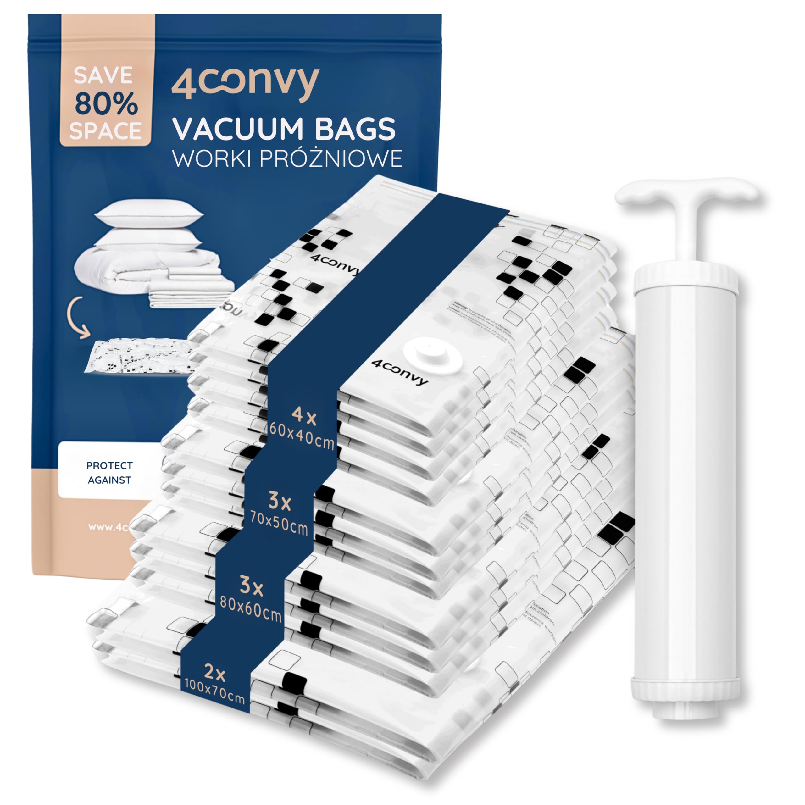 4Convy Transparent Vacuum Storage Bags For Clothes, Comforters, And Bedding - Reusable Vacuum Bags - 12 Pieces Vacuum Storage Bags With Hand Pump - Space-Saving Bags