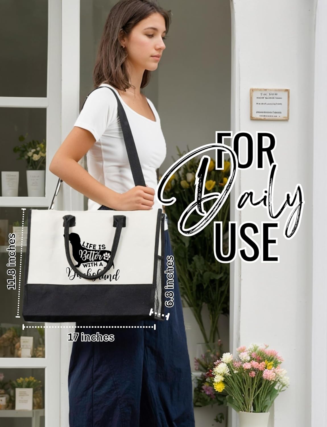 InnoBeta Dachshund Gifts for Women, Canvas Tote Bag with Top Zipper Closure and Shoulder Strap for Birthday, Mother's Day, Christmas - Image 3