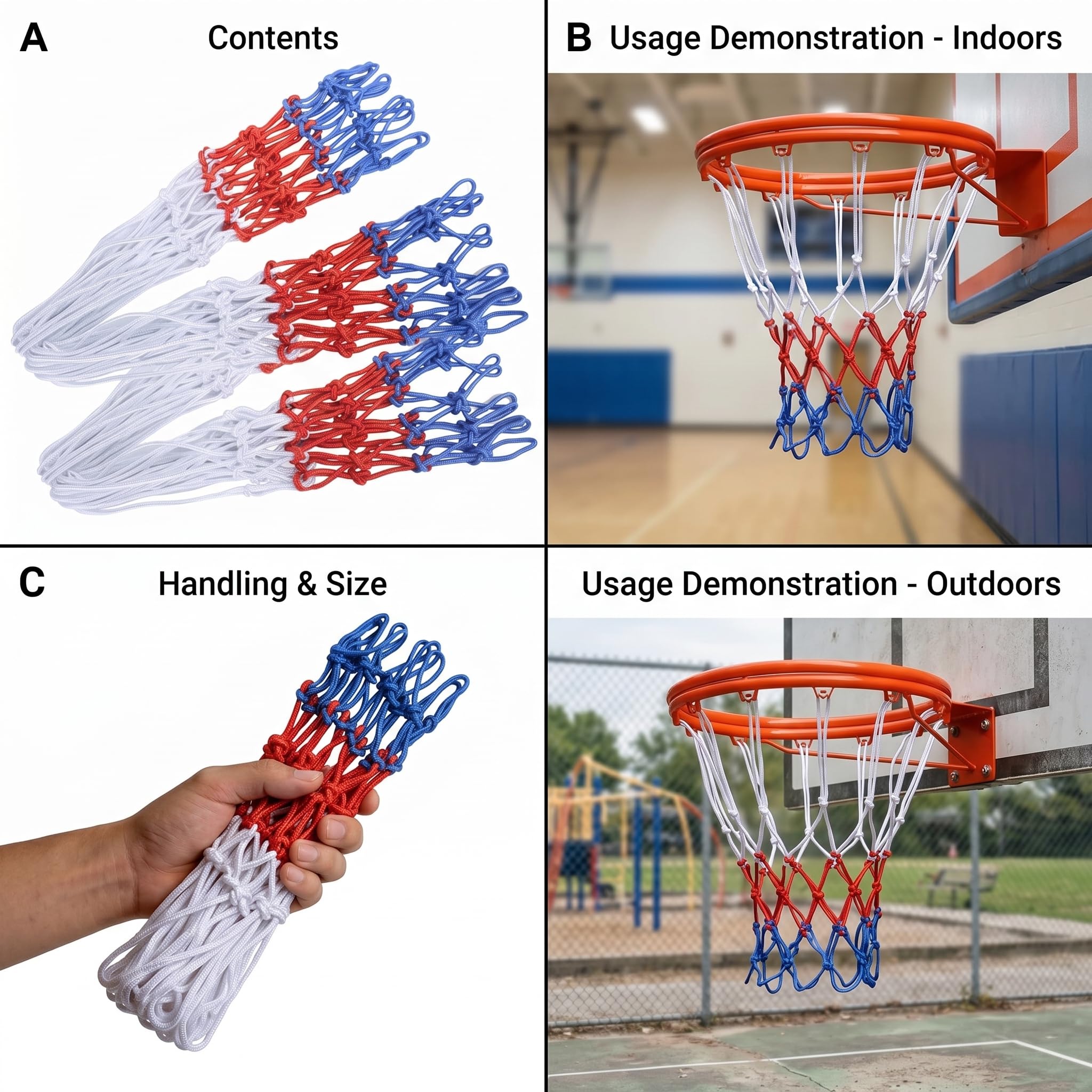 Red de Baloncesto Tricolor Blanco Azul Rojo Pack 4 Redes Aro Estándar 12 Lazos Poliéster Resistente para Interior Exterior Canasta
