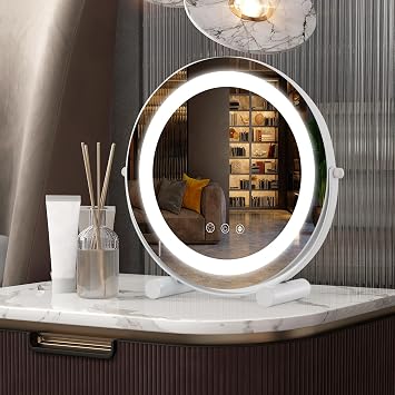 COSTWAY Hollywood Vanity Mirror with Lights, 3-Color Dimmable LED Lighted Round Tabletop Dressing Table Makeup Mirror with 360  Rotation, Smart Control Touch and Memory Function, 300mm Diam [Energy Class G]