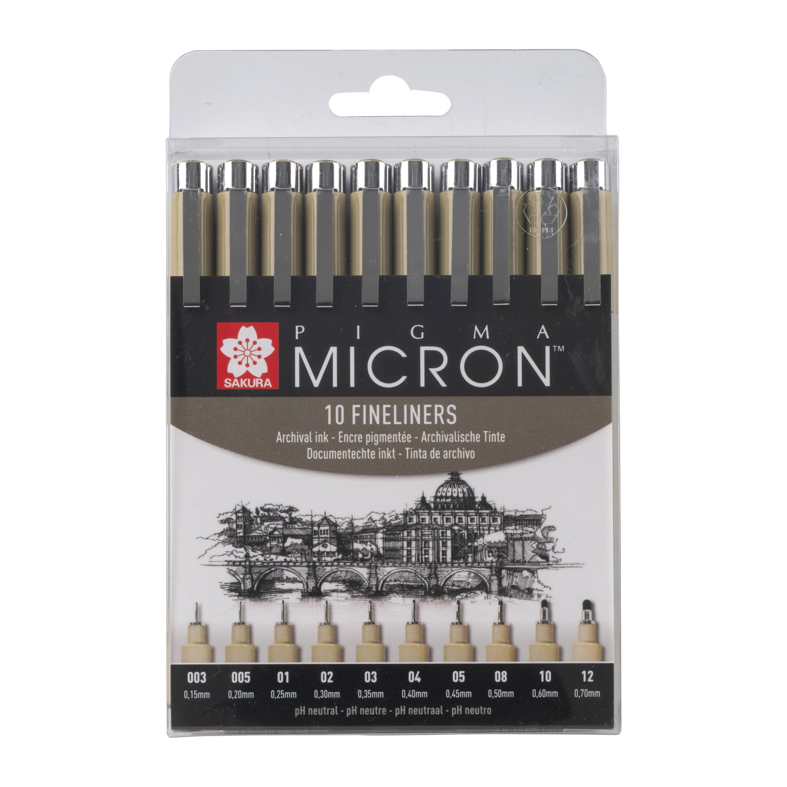 SAKURA Pigma Micron Puntos Calibrados Set de 10 | Tinta negra permanente y resistente al agua, tamaños surtidos | Bolígrafos para escribir, dibujar y escribir diarios