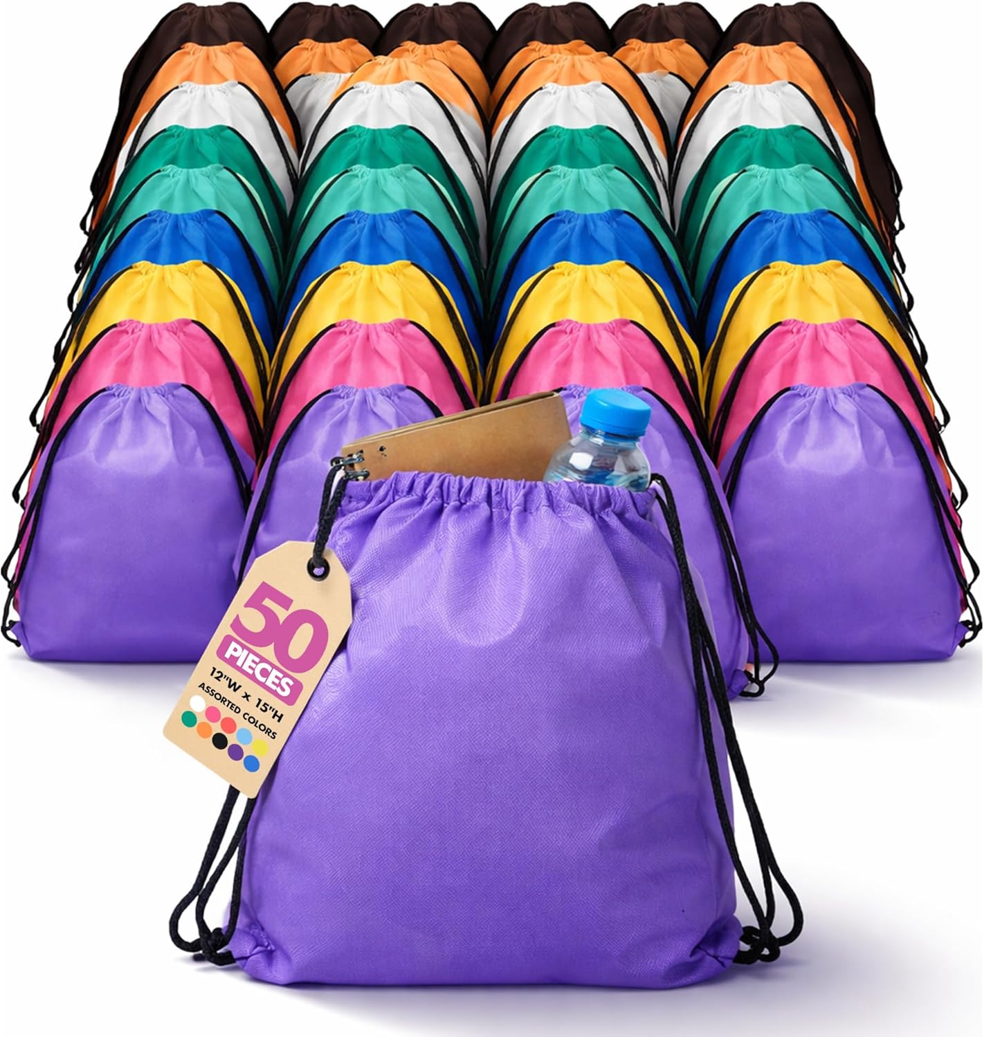 Podzly Bulk Drawstring Backpacks 50 Pack – 12" x 15" Washable Polyester Drawstring Bags – Lightweight Cinch Bags for School, Kids, Giveaways, Trade Shows, Events Benefit Walk – Assorted Bright Colors