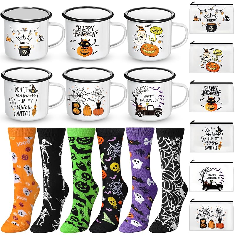 Conjunto Singhoow com 6 canecas esmaltadas, 6 necessaires de maquiagem e 6 pares de meias com tema de Halloween