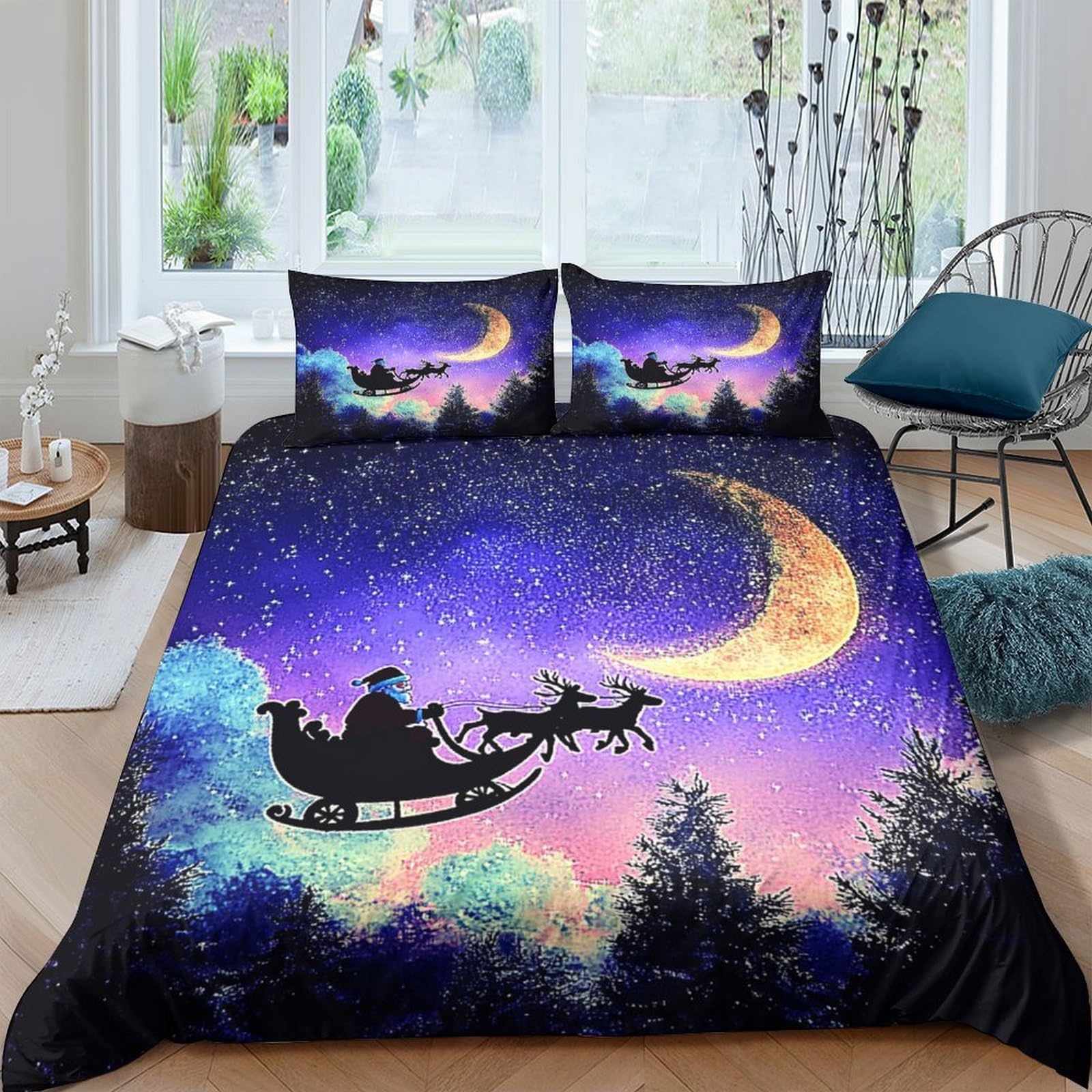 Ctjqhvkz Style-2 3D Printed Christmas Night Sky Fitted Sheet Microfiber Soft Santa Sleigh Bed Cover For Bedroom Dorm Decor Single（135X200cm）