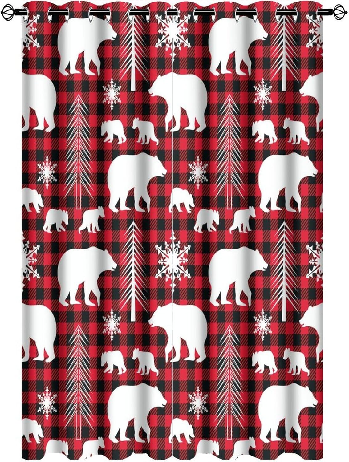 Rustic Christmas Woodland Wildlife Curtains,Cabin Winter Forest Snowflakes Tree Bear Buffalo Plaid Window Drapes Thermal Insulated Grommet Top Blackout Drapes for Bedroom 63L x 21W,2 Panels