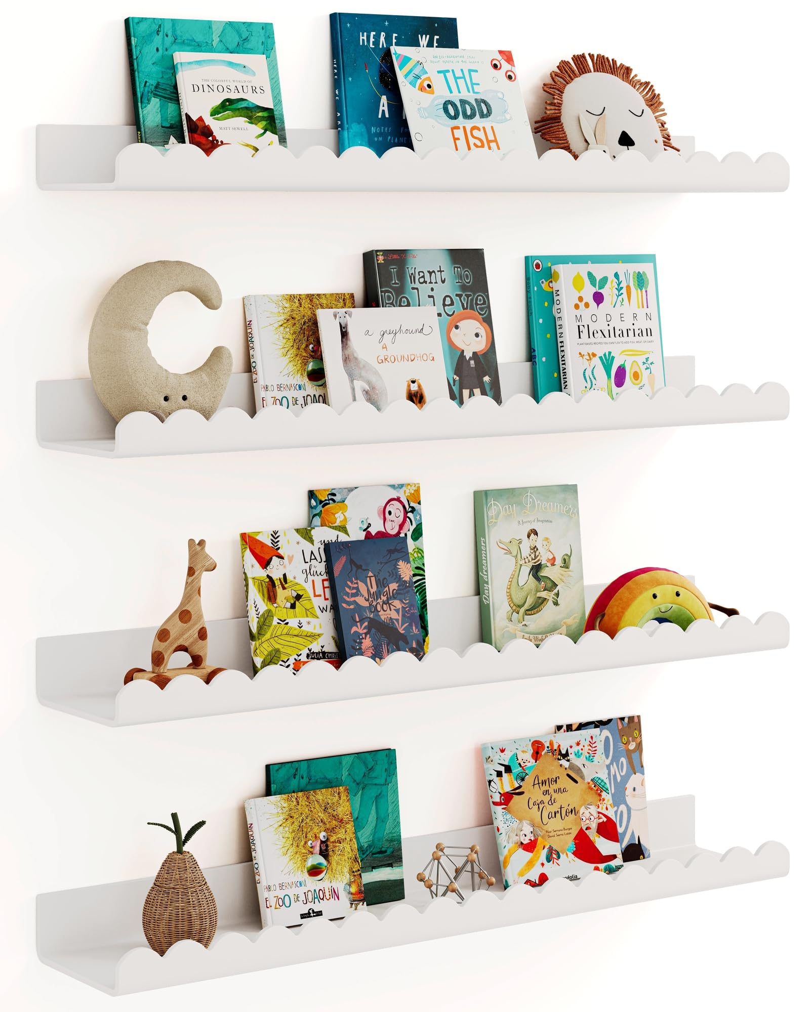 G&W Gruwald 4 Pack White 23 Inches Acrylic Book Shelf for Kids Room, Floating Kids Book Shelves for Wall, Nursery Book Shelves, Magazine Rack, Picture