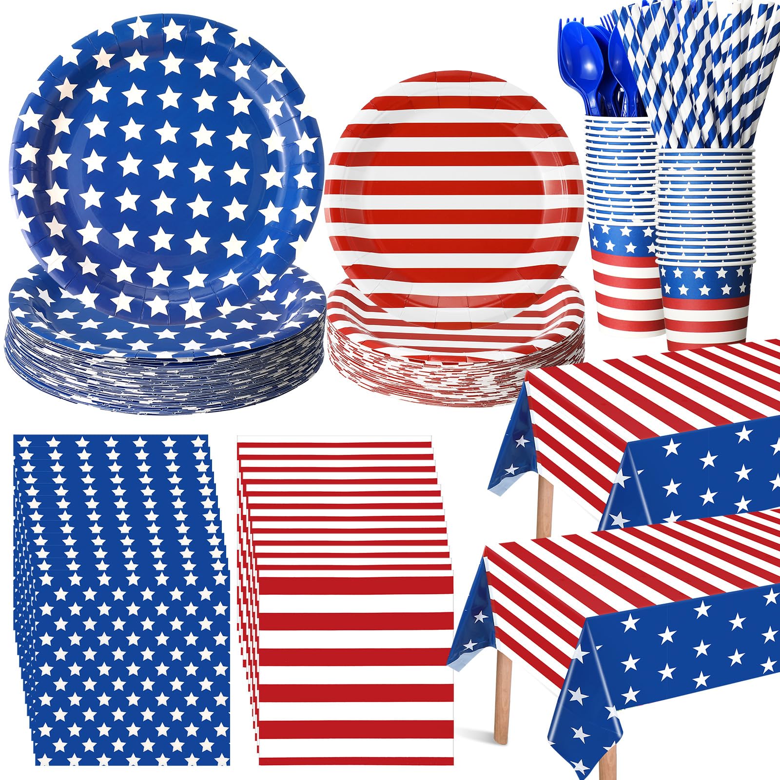 Funnymoom 452 Pcs Patriotic Party Supplies American Flag Decoration Patriotic Paper Plates Napkins Cups Tablecloth Cutlery Straws for Veterans Day