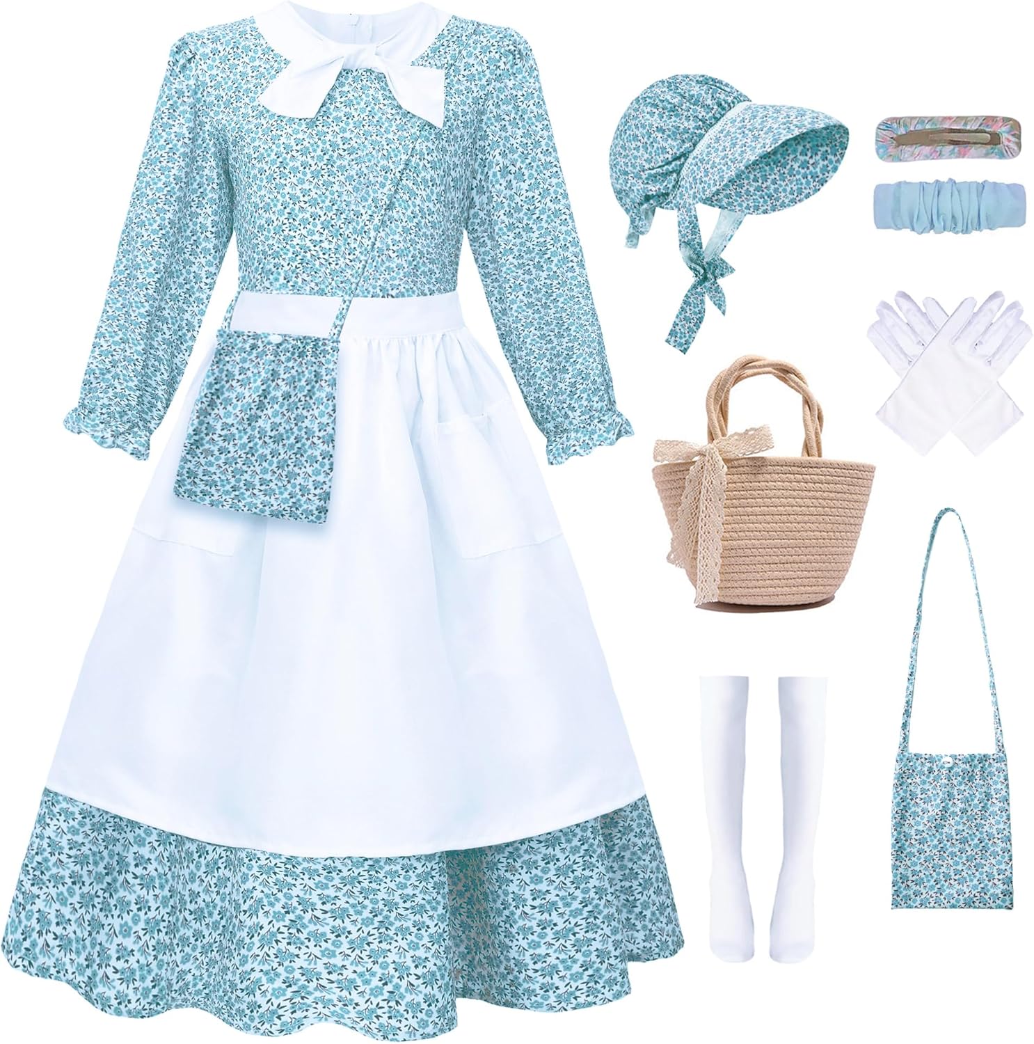 8 Pcs Pioneer Costume for Girls Floral Colonial Prairie Dress for Kids