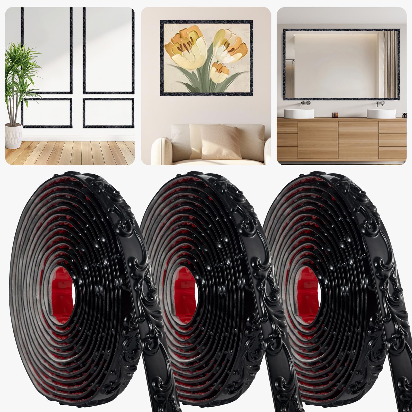 HOHNNYREET 3 Pack 16.4FT Black Peel and Stick Molding Trim Kit