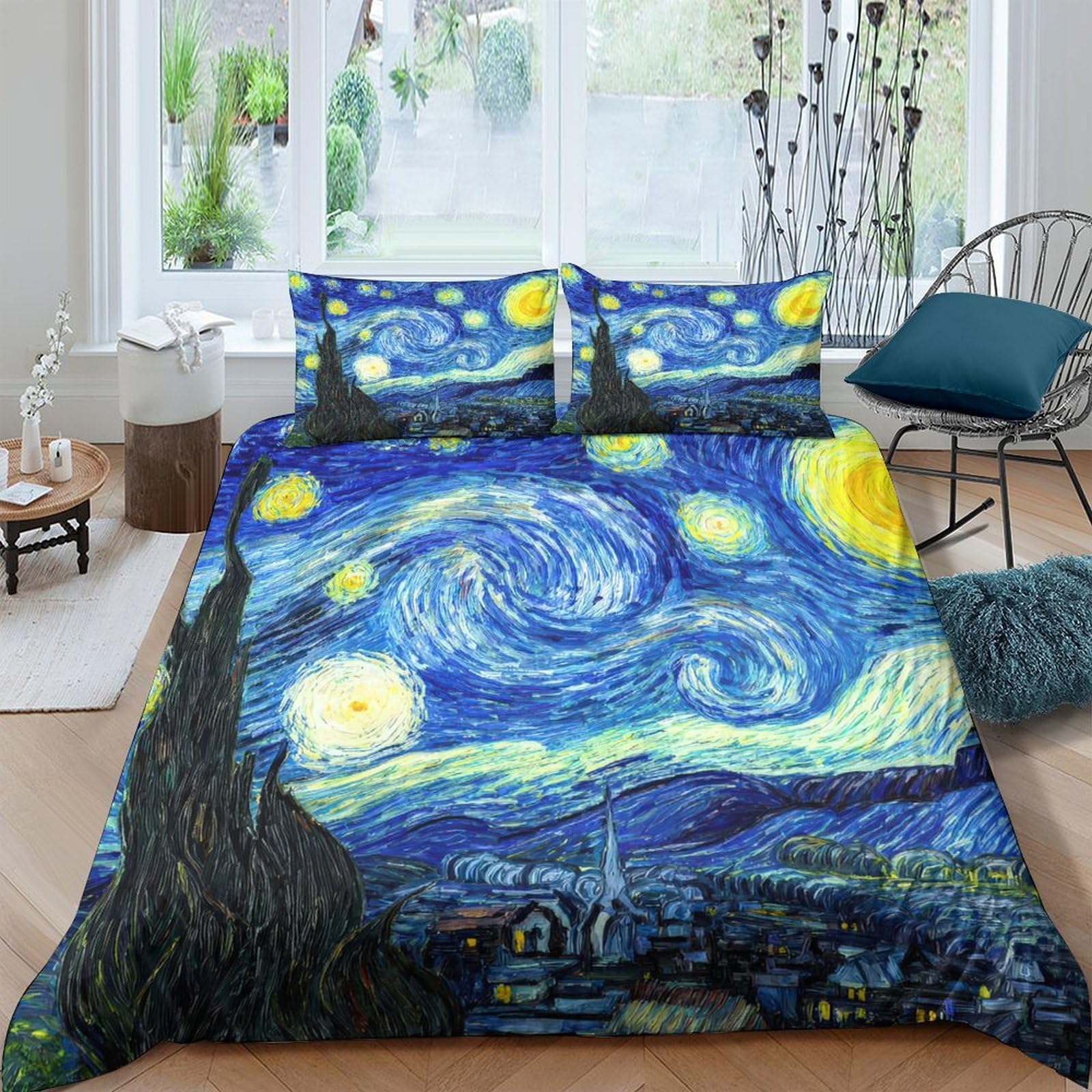 Ctjqhvkz Style-1 3D Printed Starry Night Fitted Sheet Microfiber Artistic Blue Yellow Bed Cover For Bedroom Guest Room Easy Care Single（135X200cm）
