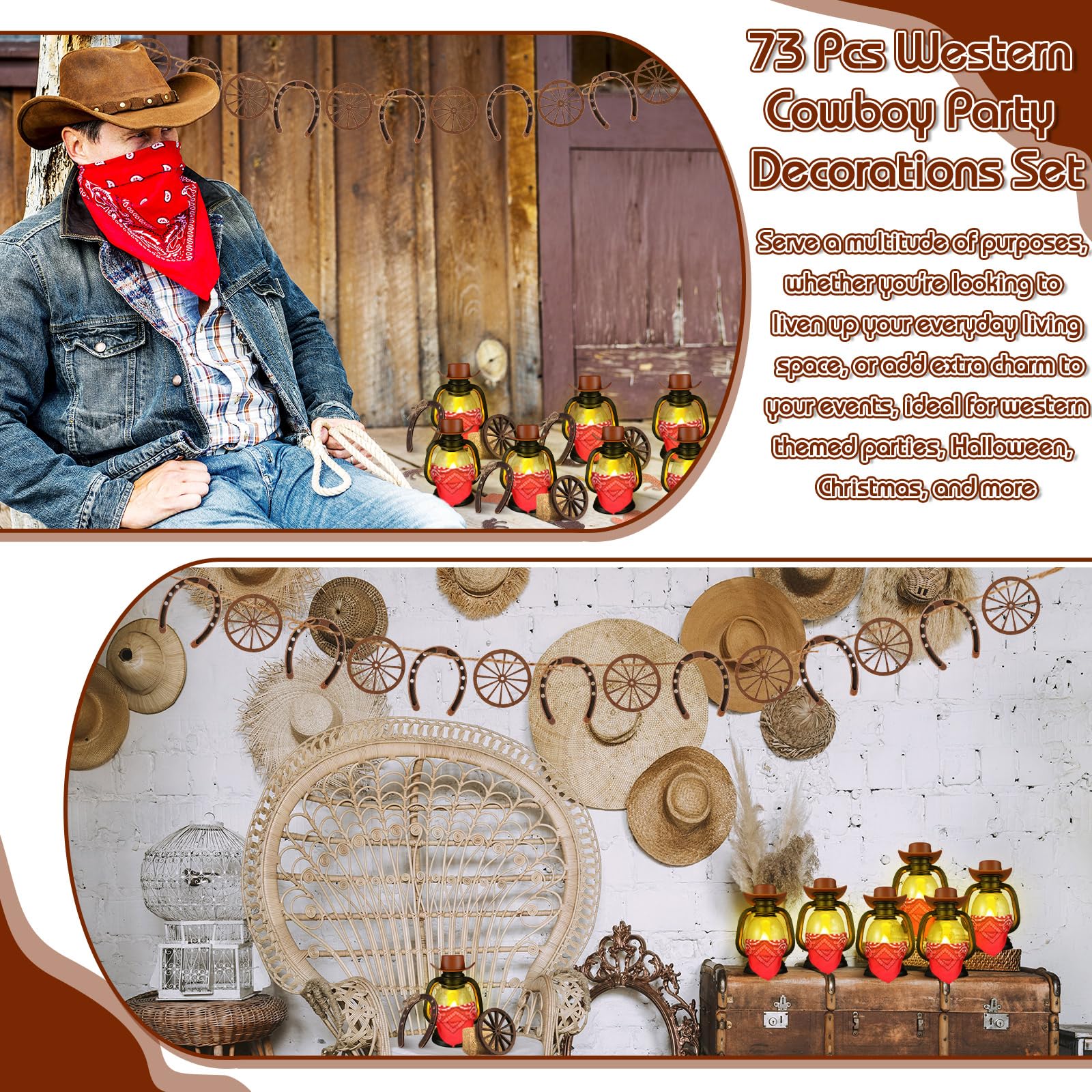 Mini Hay Bales 73-Piece Western Party Decor Set – Cowboy Hats, Lanterns