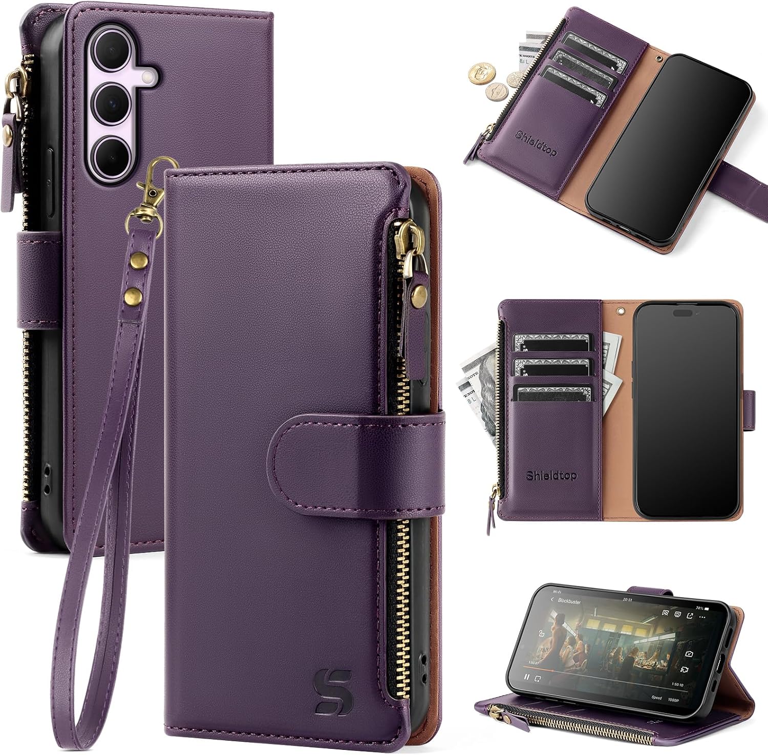 Shieldtop Compatible with Samsung Galaxy A35 5G Wallet Case with Card Holder,PU Leather Phone Case Flip Protective Cover Wrist Strap Zipper pocket Credit Card Slots RFID Blocking Women Men,Dark Purple