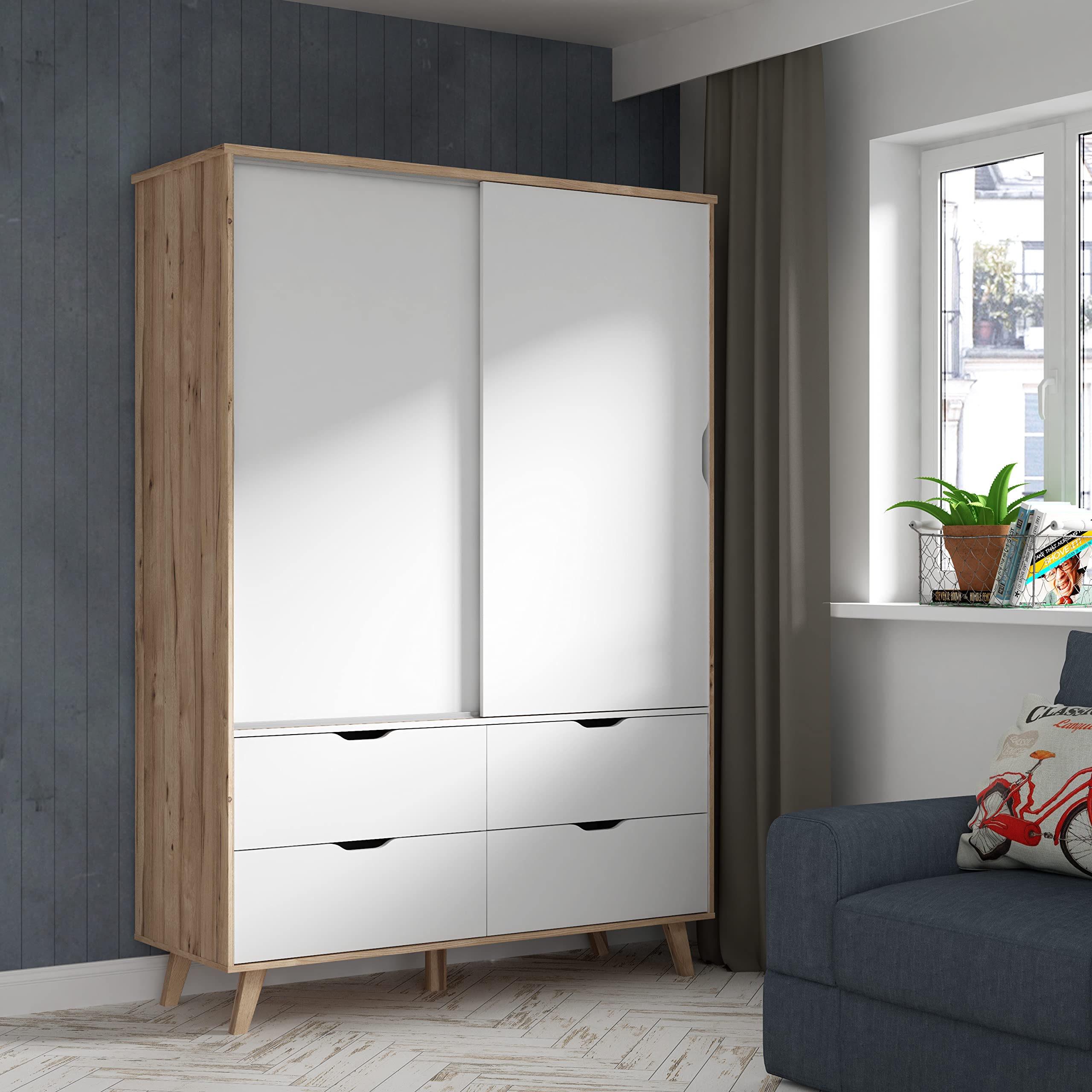 FORTE VANKKA Schrank 140 Kleiderschrank Schiebetüren Skandinavischer Stil 2-türig mit 4 Schubladen Schlaf- oder Kinderzimmer Holzdekor: Eiche mit Weiß 139 cm breit x 201.5 cm hoch x 53 cm tief