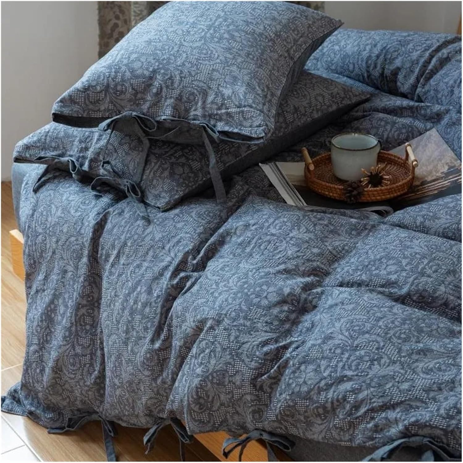 Cotton Jacquard Ultra-Soft Boho 4Pcs Bedding Set Yarn-Dyed Textured Breathable Blue Gray Duvet Cover Bed Sheet Pillowcases,Bed