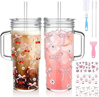 Birity 24oz Pink Bow Glass Cups with Lids and Straws,2 Set Glass Tumbler...