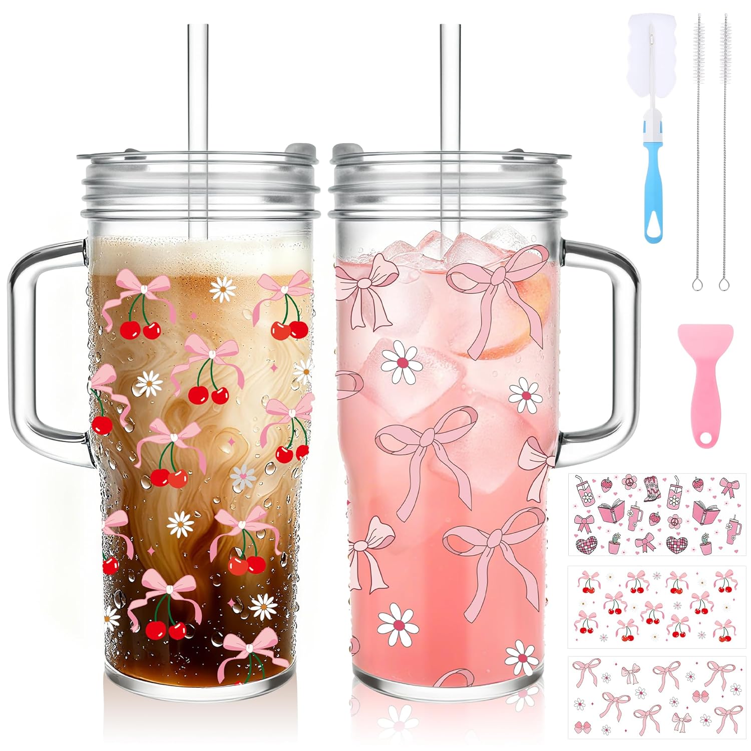 Birity 24oz Pink Bow Glass Cups with Lids and Straws 2 Set Glass Tumbler with Handle Galss Cup