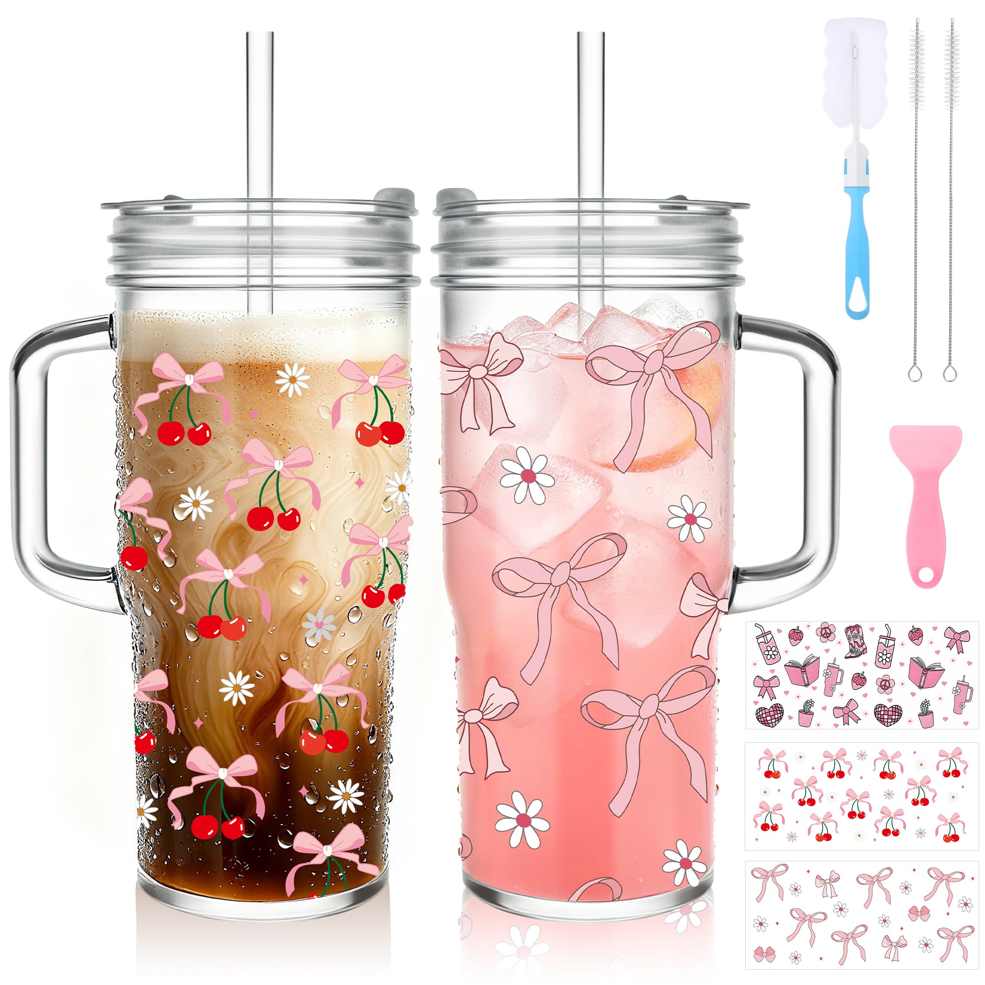 Birity 24oz Pink Bow Glass Cups with Lids and Straws 2 Set Glass Tumbler with Handle Galss Cup