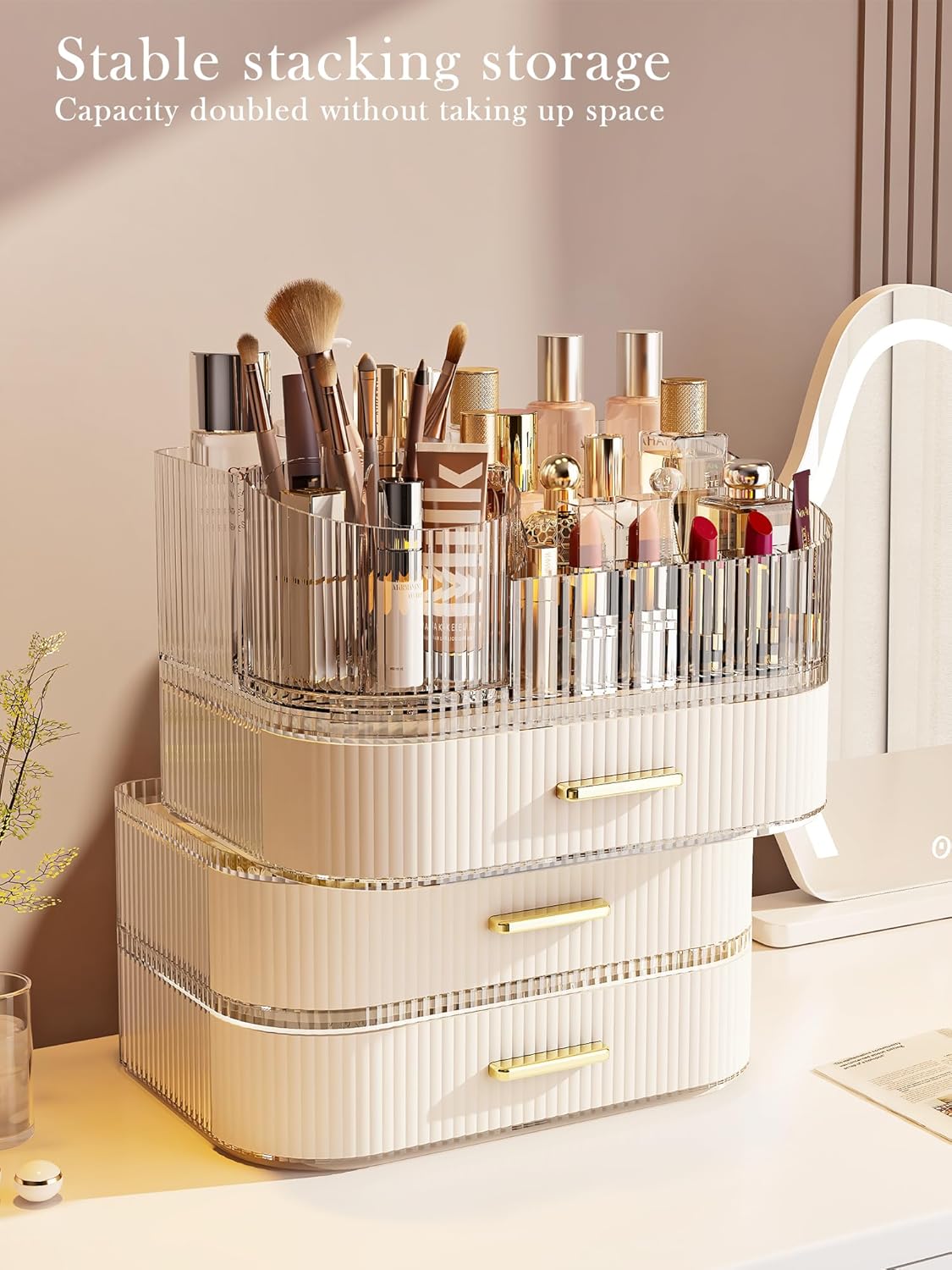 Makeup Organizer with Stackable Drawer, 360 Rotating Makeup Brush Holder, 11-inch Wide Large Cosmetic Display Case, Skincare Organizers and Storage for Vanity, Bathroom Countertop (1 Tray + 2 Drawer) - Image 5