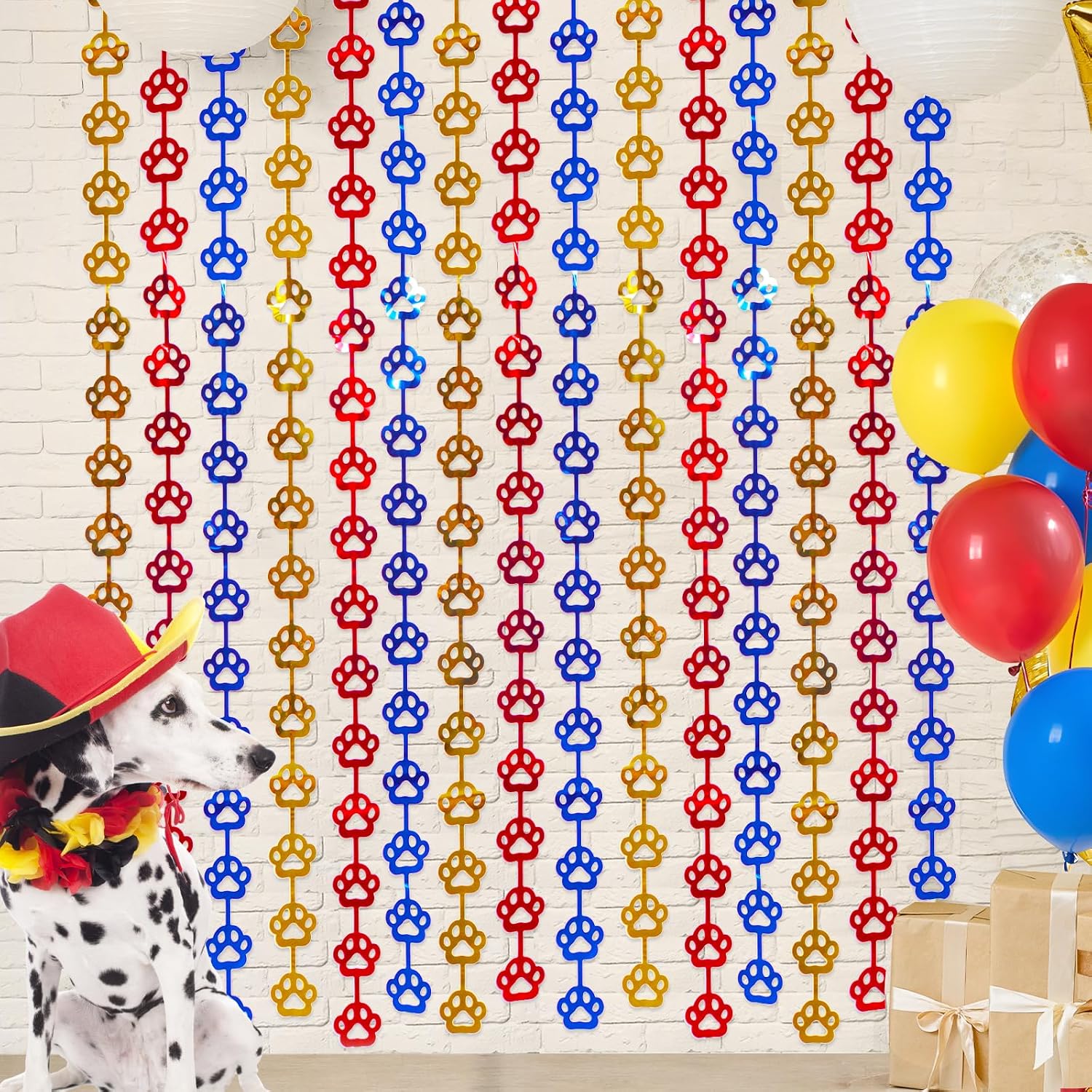 Paw Birthday Decorations, 2PCS Red Yellow Blue Foil Fringe Curtains | Dog Paw Party Supplies, 3.3 x 6.6ft Tinsel Photo Booth Props Backdrop Streamers, House Doorway Room Decor for Kids