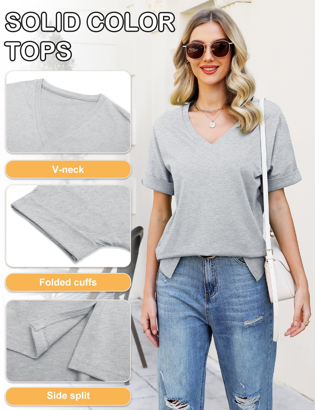 CMTOP T-Shirt Donna Estiva Cotone V Scollo Tinta Unita Maglietta Manica Corta Top Casual Case Camicie Orlo Arrotondato Lungo per Feste Casual Maglietta da Donna Allentate