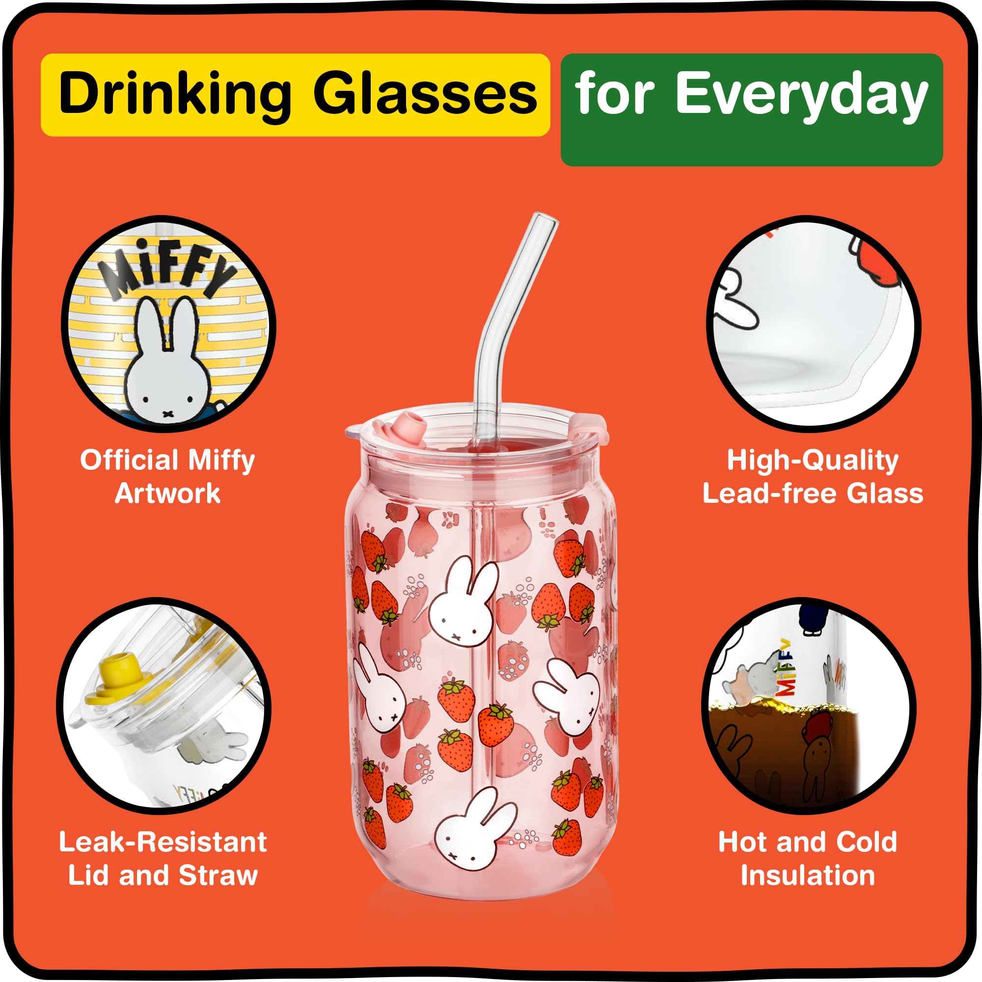 Dragon Glassware | Miffy Glasbecher mit Strohhalm, 473 ml, Erdbeere, 2 Stück | Nijntje Trinkgläser mit Deckel & Strohhalmen Eiskaffeetassen mit Deckel Miffy Glasbecher mit Strohhalmen & Deckel