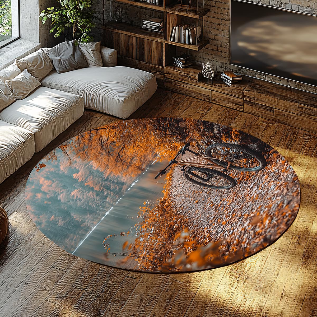 Tapis d'automne rond de 90 cm scène de cyclisme et dressing élégant