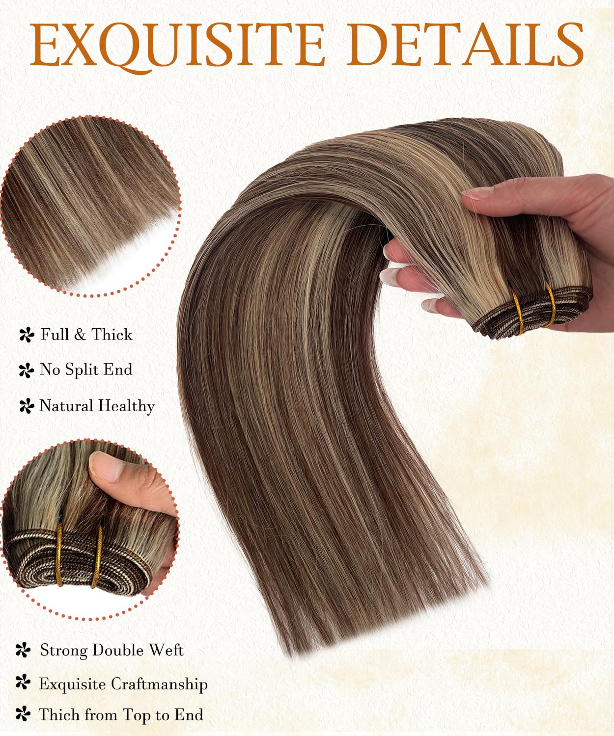 Extension di capelli umani da cucire a livello di salone di bellezza, tessitura a mano, ad alta densità, flessibile, senza miscela sintetica, non perde capelli, tripla durata, spessore naturale, da