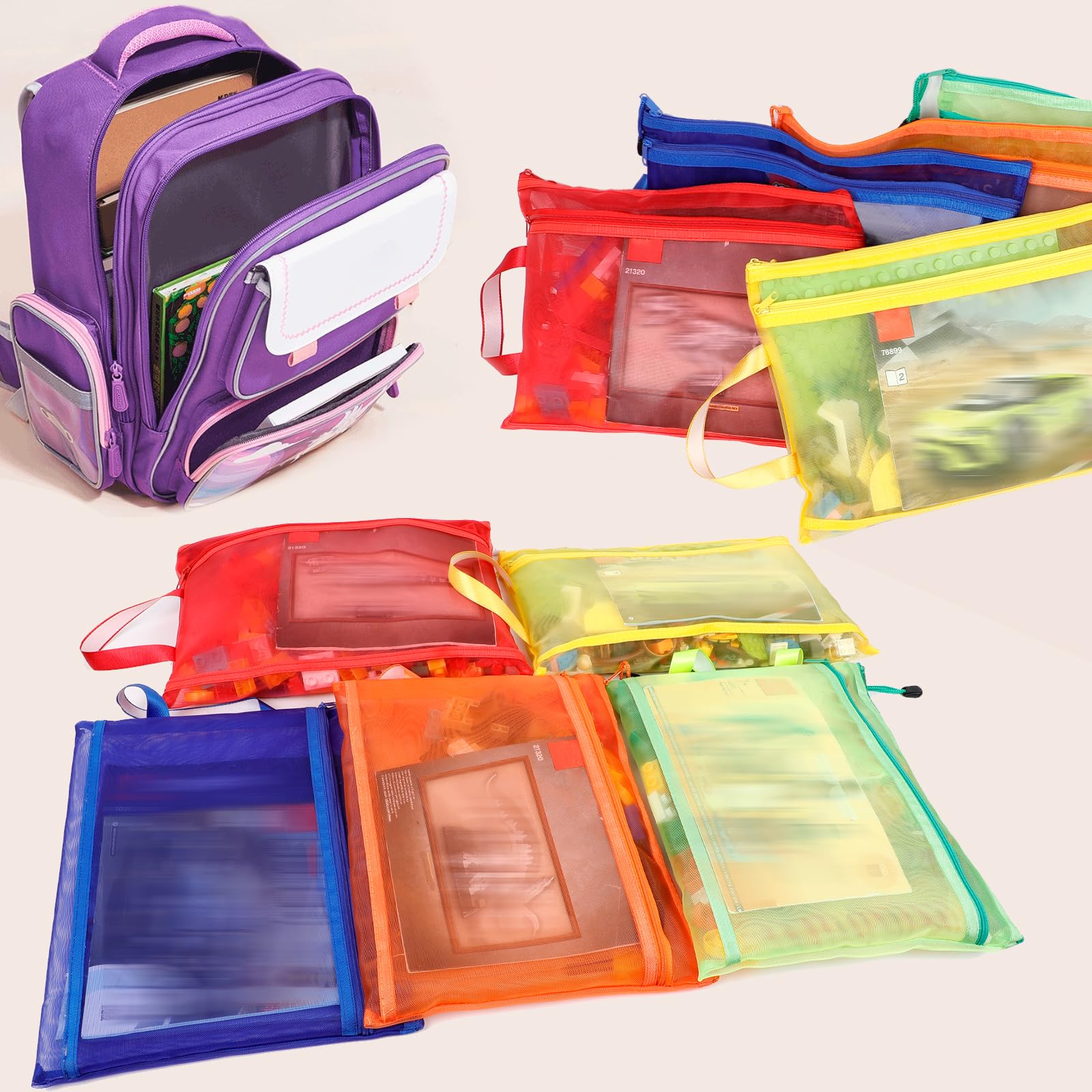Sacchetti a rete con cerniera in 5 colori, 10 pezzi, formato A4, a doppio strato, in nylon, per riporre e organizzare giocattoli, traspirante, trasparente, con cerniera, con tasca per maniglia, per