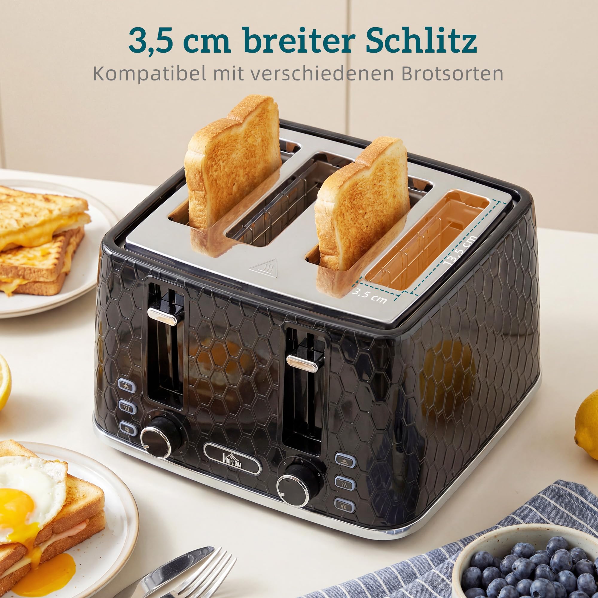 HOMCOM Wasserkocher Toaster Set, 1,7L 2200W, Glas, 4-Scheiben-Toaster, 7 Bräunungsstufen, Schwarz