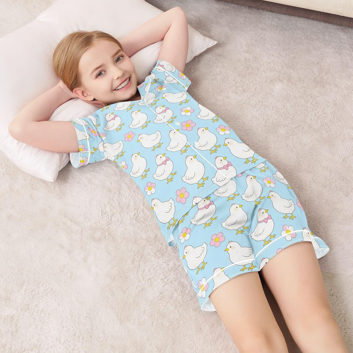Kids Satin Wear Set Chicken Pink Bow Flower Pattern Relaxing Clothing Short Sleeve and Shorts