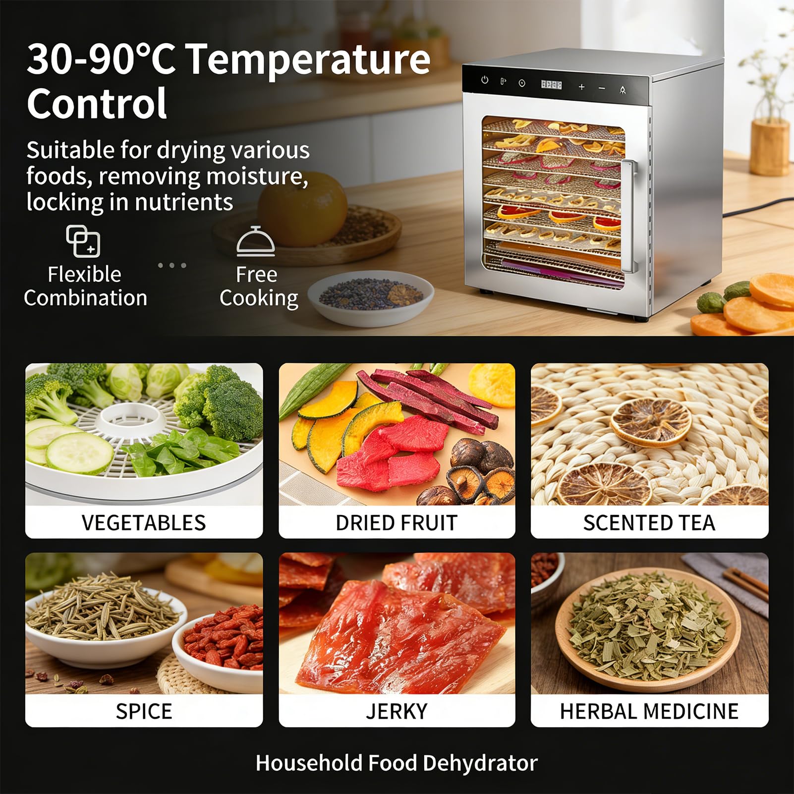 Deshidratador De Alimentos De 8 Niveles︱Secador De Frutas Para El Hogar Con 6 Plantas Acero Inoxidable︱Deshidratador De Frutas y Verduras Control De Temperatura 30-90°c︱Ideal Para Frutas