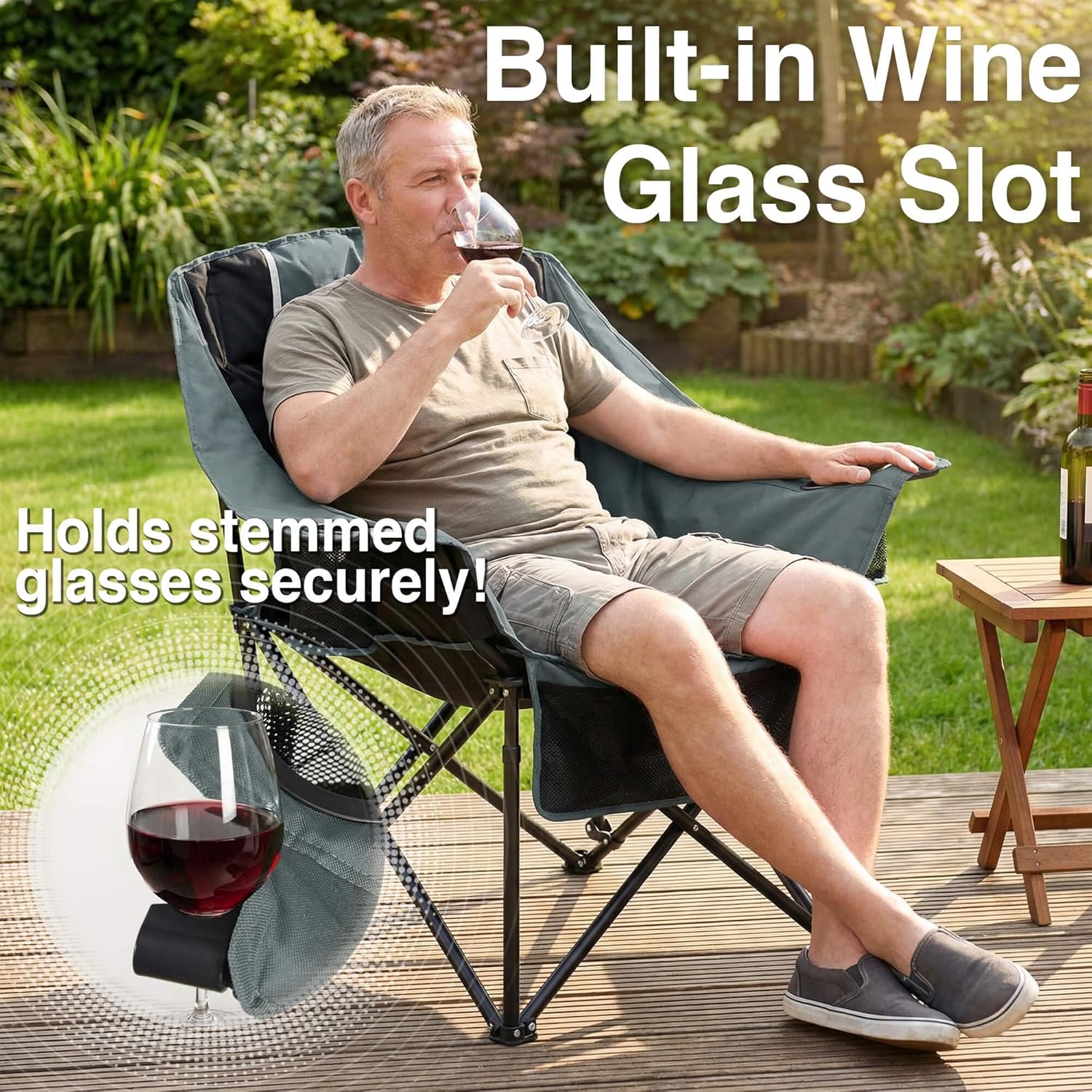 Oversized Camping Chair for Adults - Heavy Duty 400 lbs Padded Folding Chair with Wine Glass Holder, 2 Cup Holders & Side Pockets, Portable Carry Bag for RV, Tailgating, Lawn - Image 7