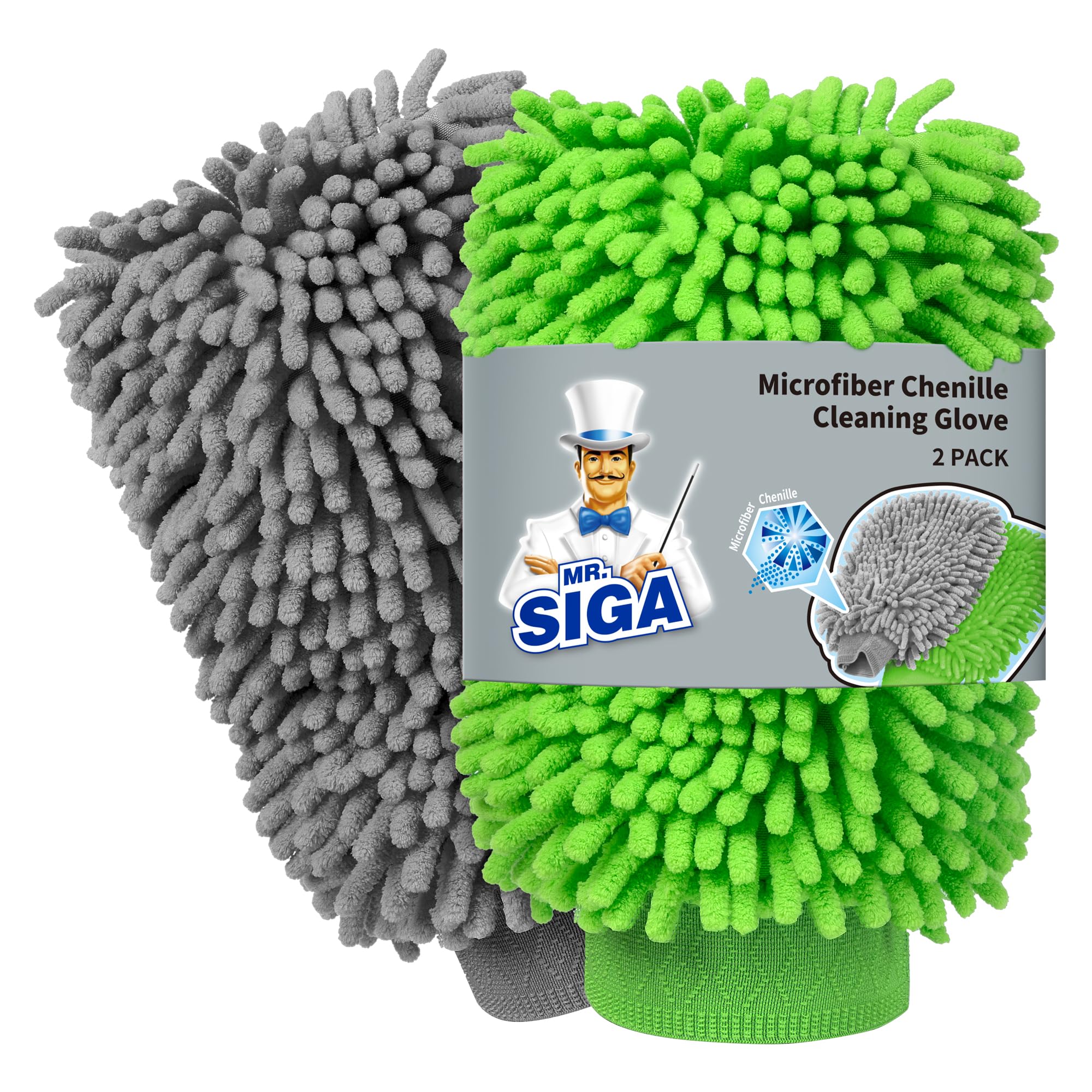 MR.SIGA Premium-Mikrofaser-Autowaschhandschuh aus weicher Chenille, 2er-Pack, grau und grün