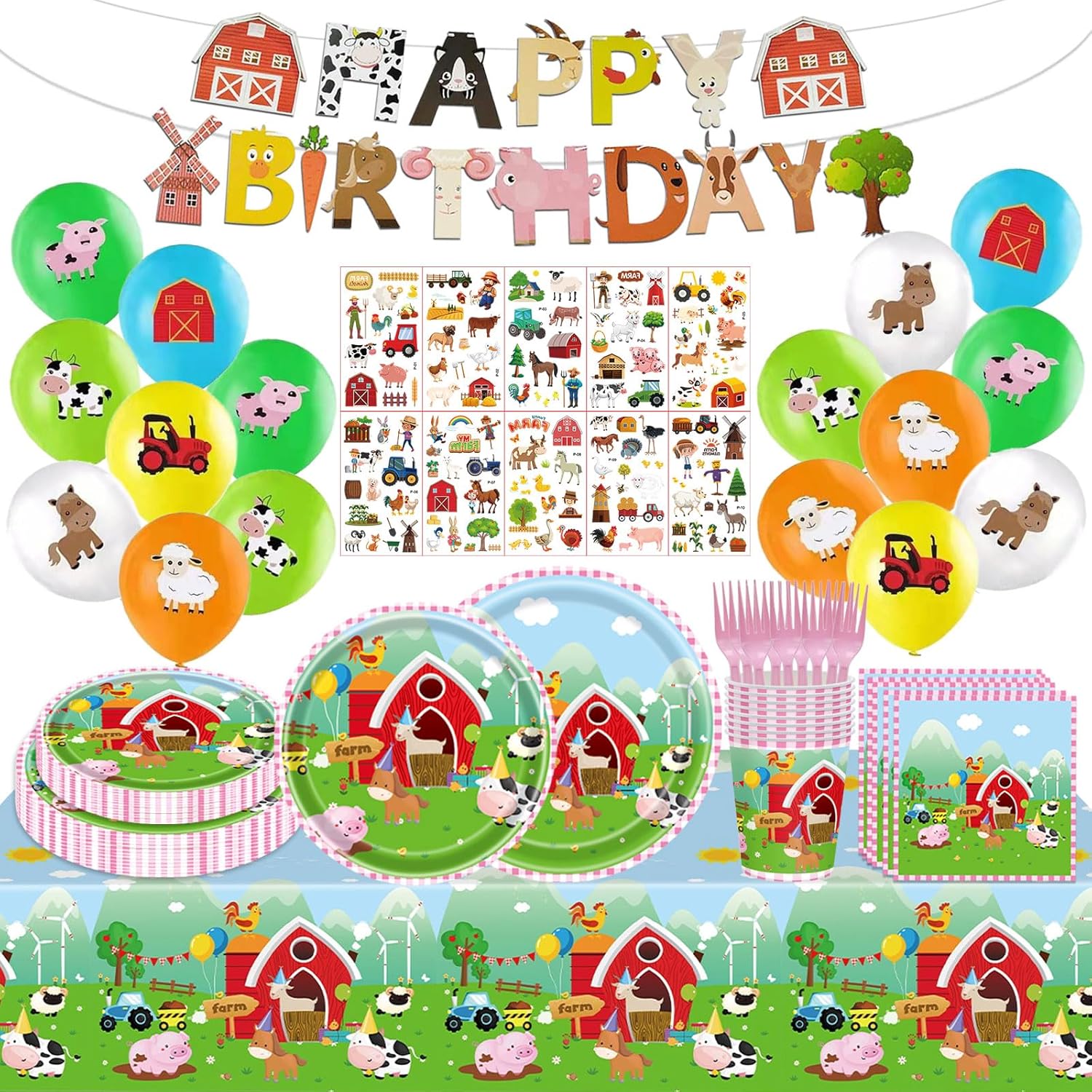 108PCS Farm Animal Birthday Party Supplies: Barnyard Animal Tableware Set, Paper Plates, Napkin, Balloon, Tattoo Stickers, Tablecloth, Banner, Serve 16