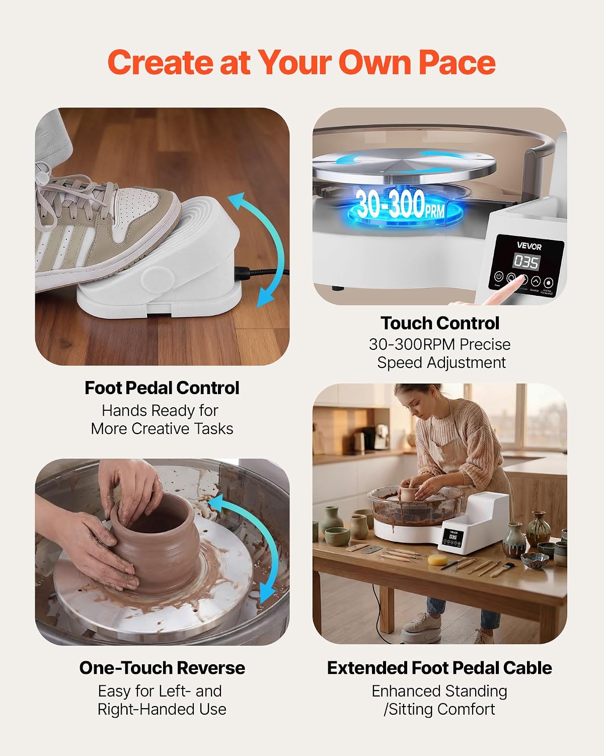 VEVOR Pottery Wheel for Adults, 14" and 11" Turntables, 450W Electric Table Top Pottery Wheel with Foot Pedal, 30-300 RPM Adjustable Speed, Detachable Basin, for Beginners, DIY Clay Art Craft, White